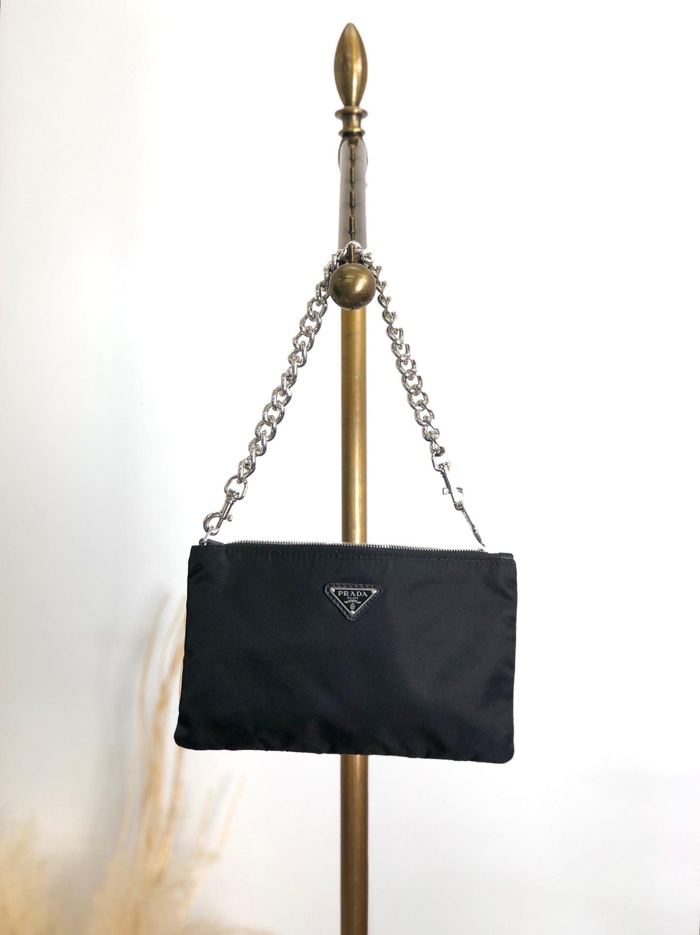 PRADA Triangle Logo Chain Small Handbag Pouch Black Vintage vhizxb