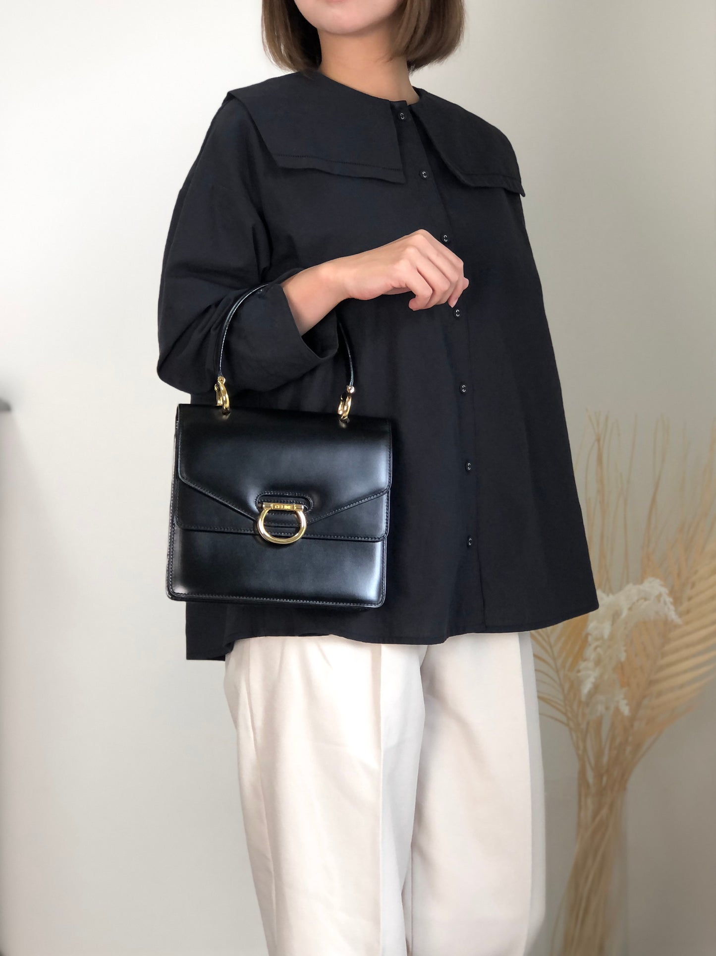 CELINE Horse Bit Double Flap Handbag Black Vintage nrxerm
