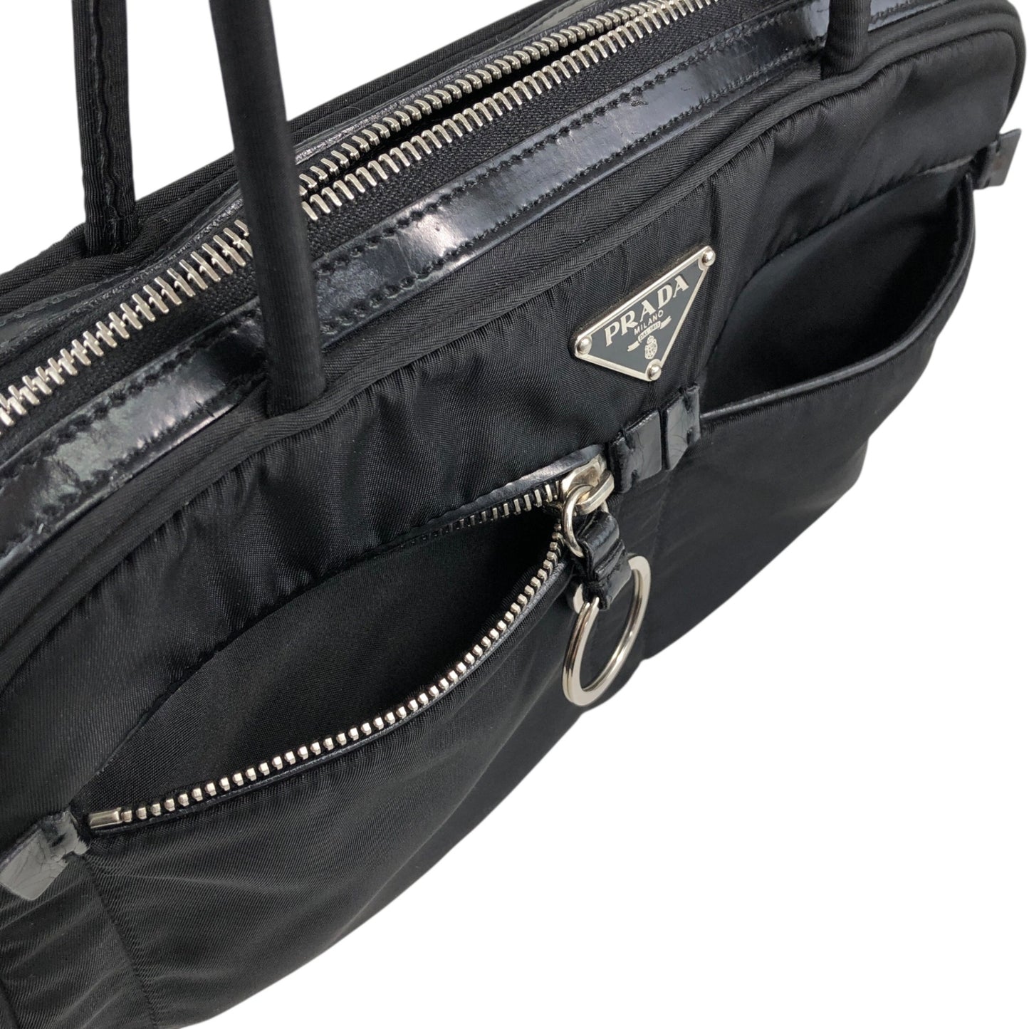 PRADA Tessuto Triangle Logo Front Pocket Small Boston bag Handbag Black Vintage gips8j