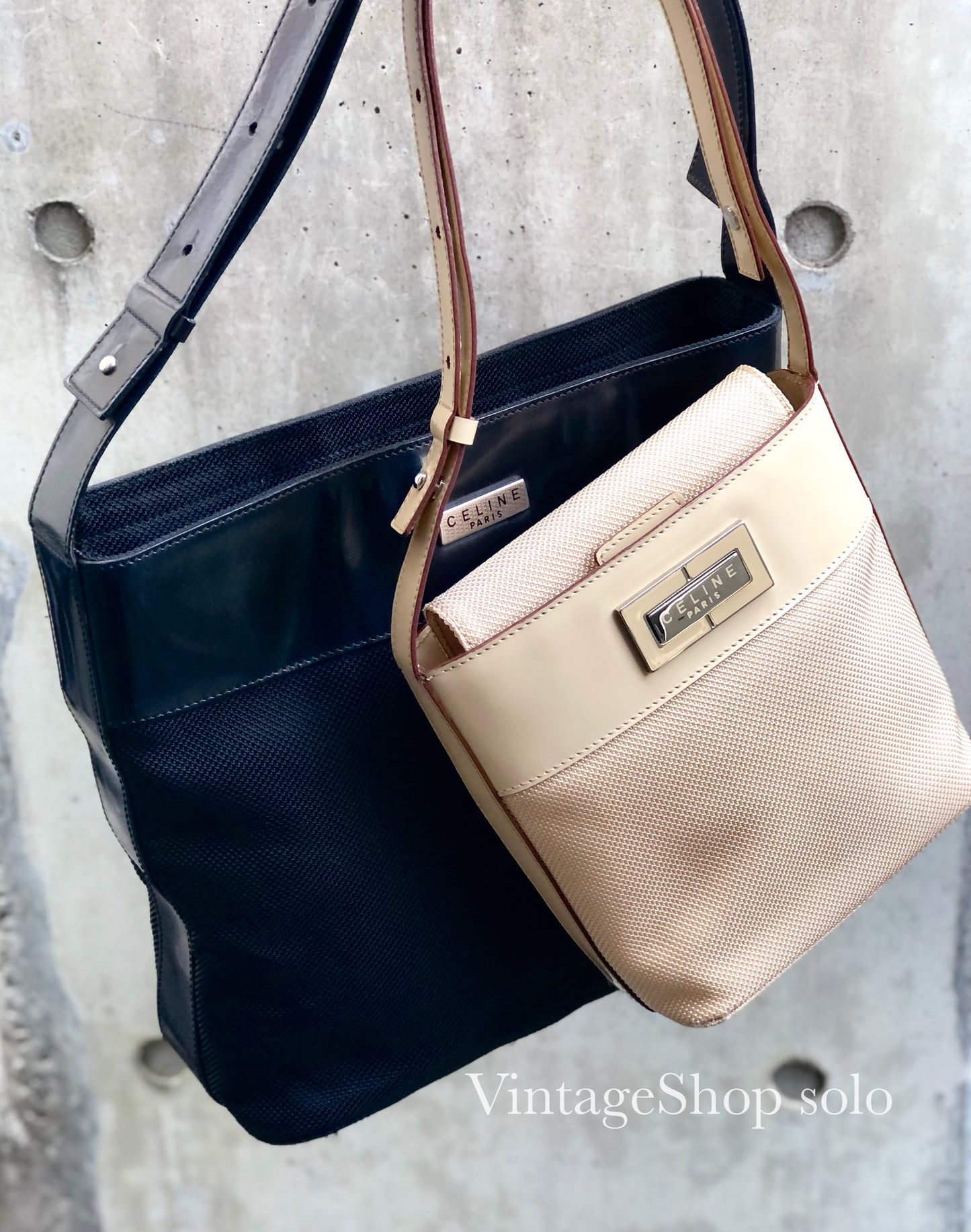 CELINE Plate Logo Nylon Enamel Mini Bag Pochette Shoulder Bag Beige Vintage Old Celine 27b7s8
