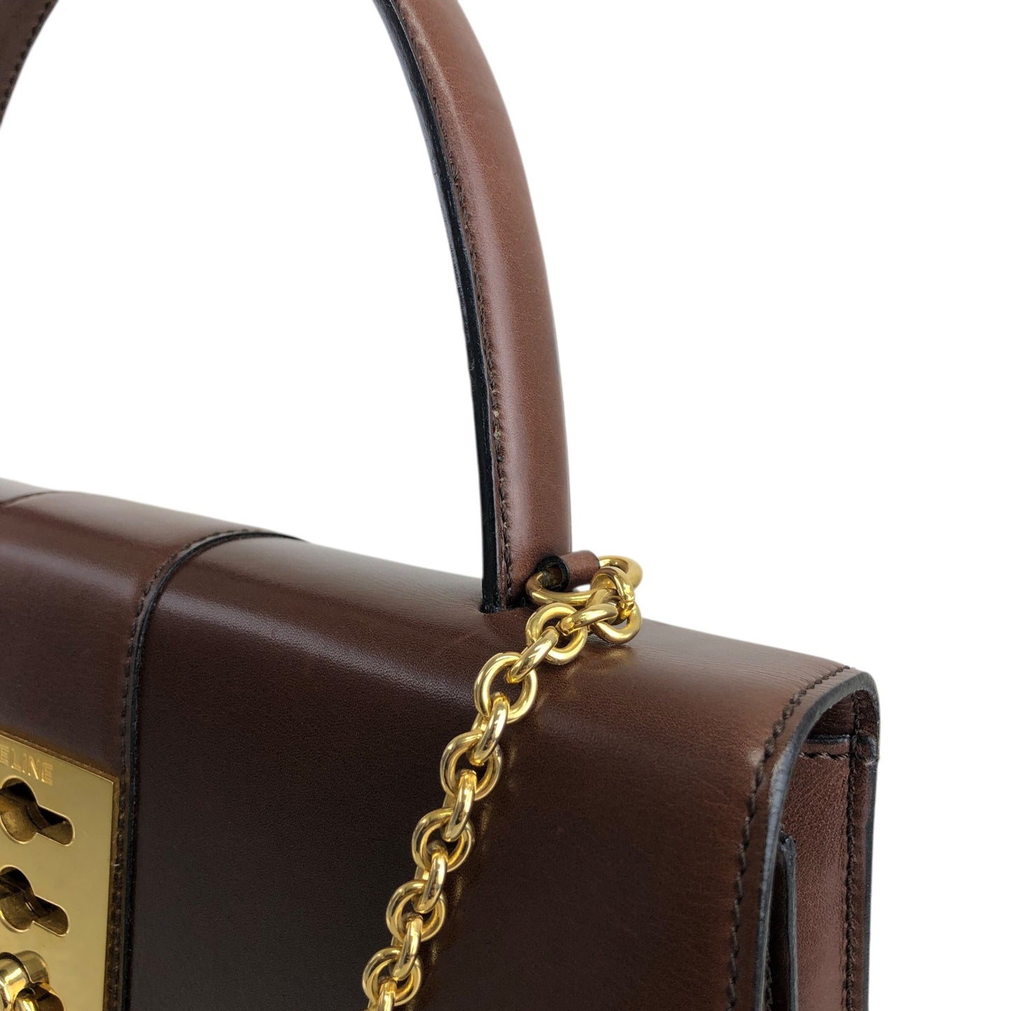 CELINE Gancini Chain Handbag Brown Vintage 7ffusp