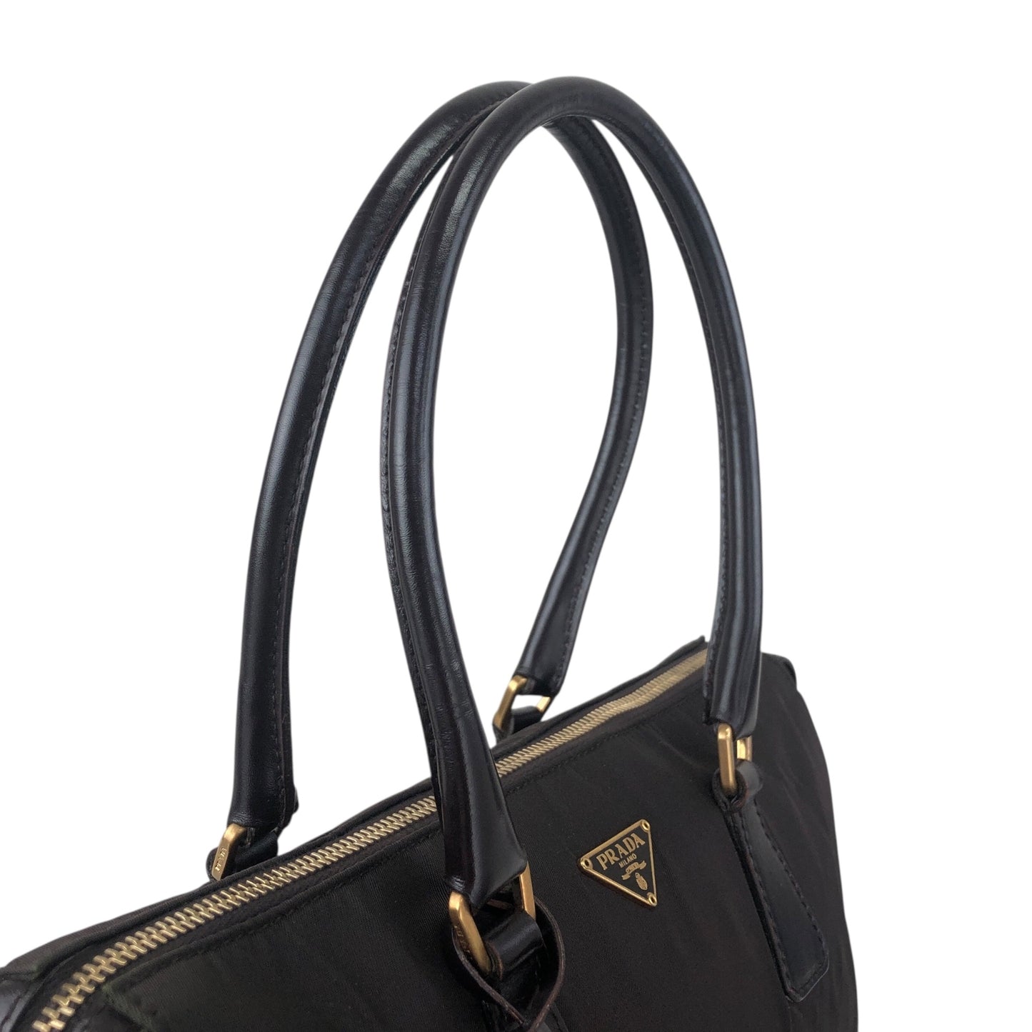 PRADA Tessuto Triangle Logo Small Boston bag Handbag Brown Vintage jaa3i4