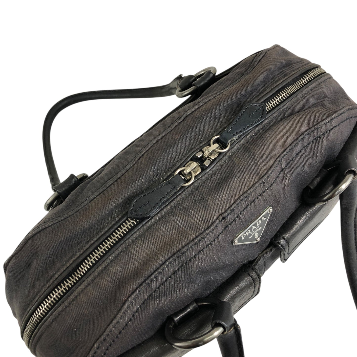 PRADA Triangle Logo Front Pocket Small Boston bag Handbag Black Vintage 7uz66d