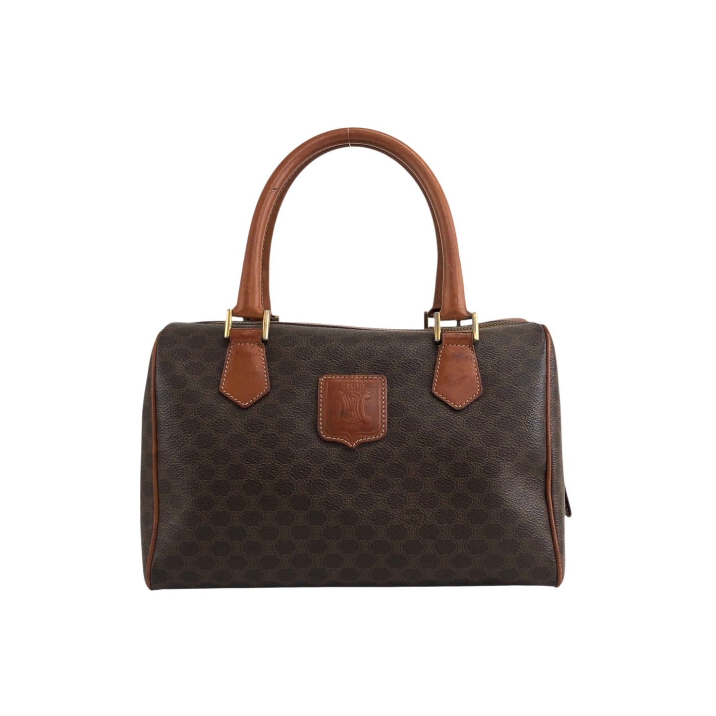 CELINE Macadam Blason Small Boston bag Handbag Brown Vintage akh2uk