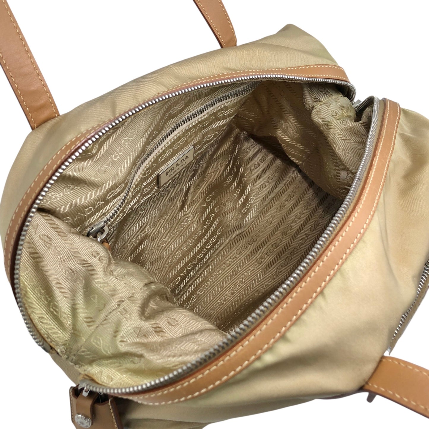 PRADA Tessuto Triangle Logo Small Boston bag Handbag Beige Vintage ib6juf