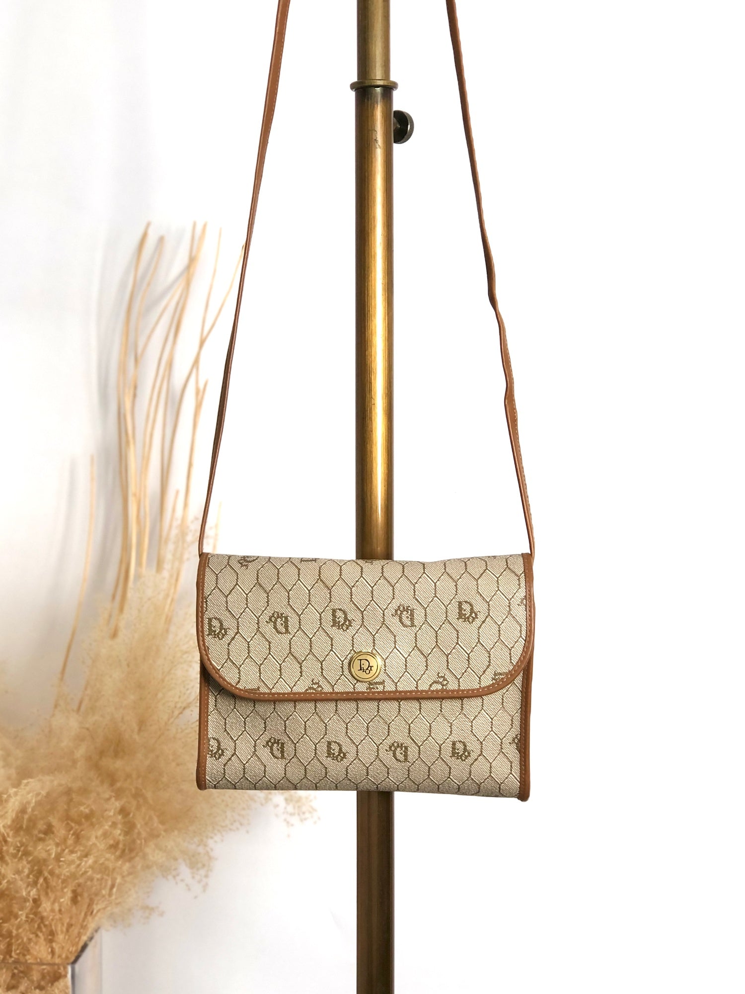 Christian Dior Honeycomb Pattern Logo Shoulder bag Beige Vintage