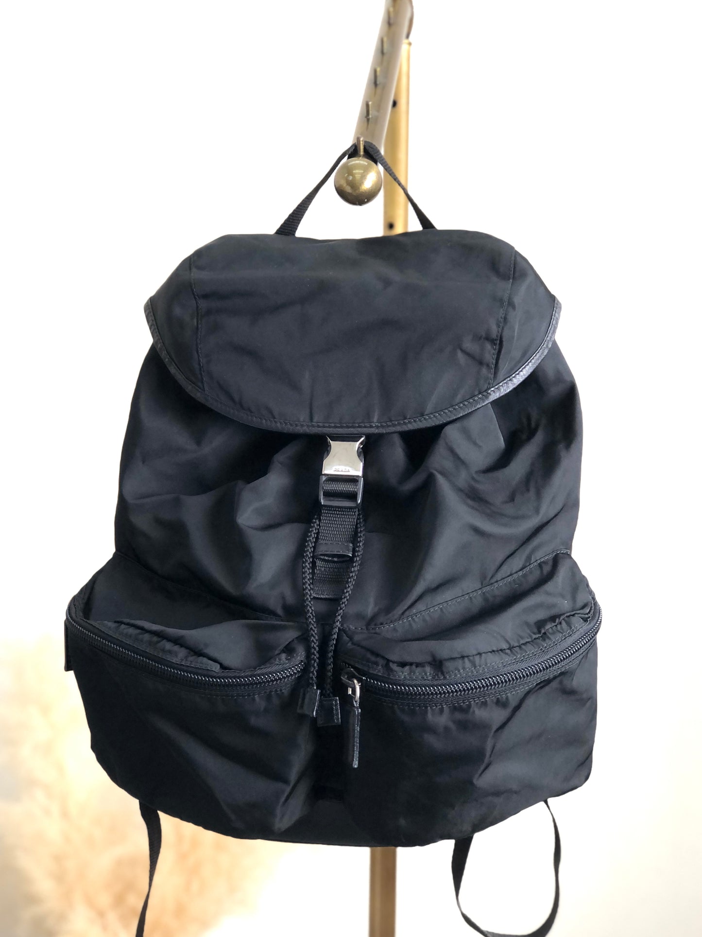 PRADA Triangle Logo Double Pocket Backpack Black Vintage avewmk
