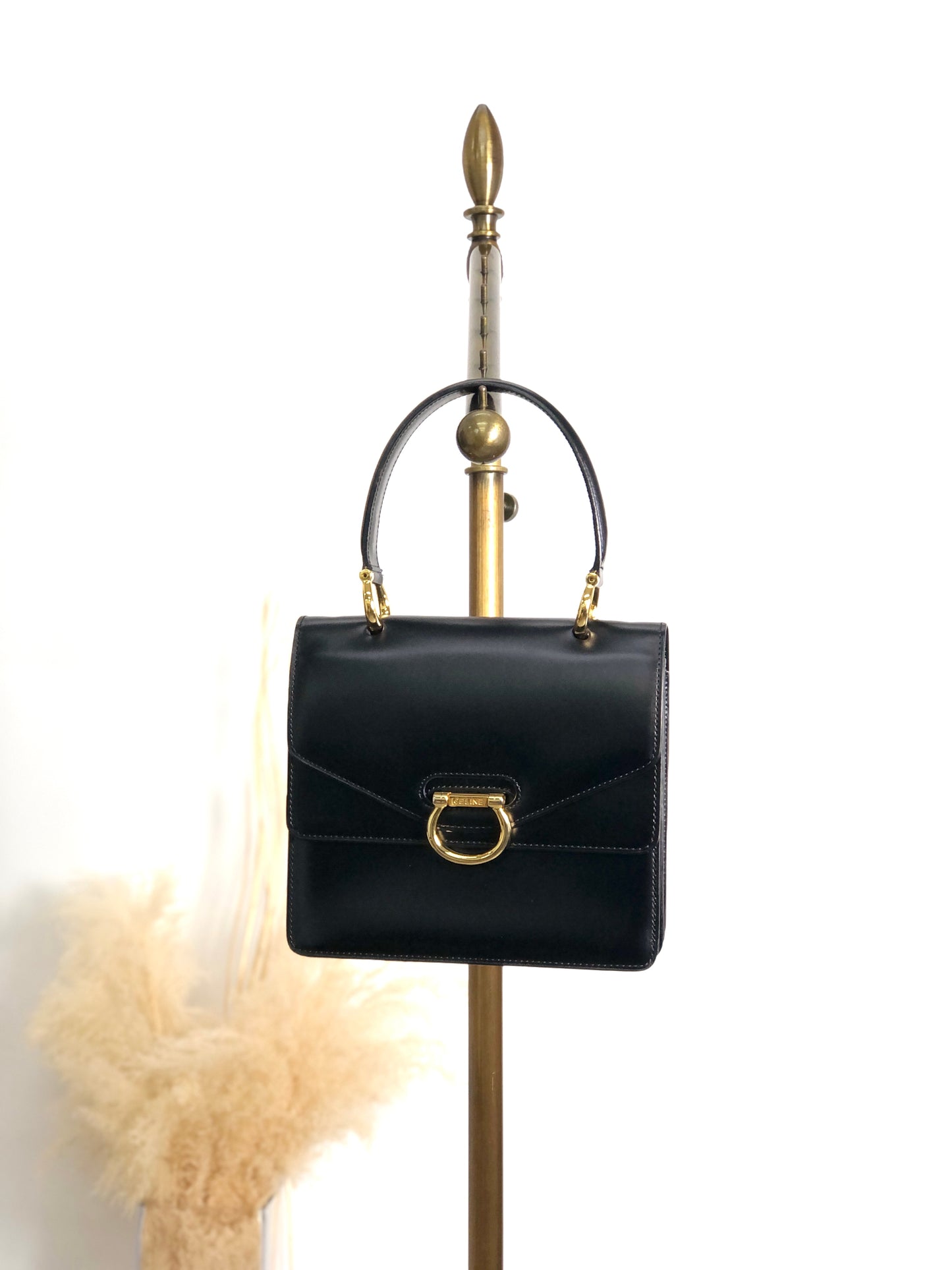 CELINE Horse Bit Double Flap Handbag Black Vintage nrxerm