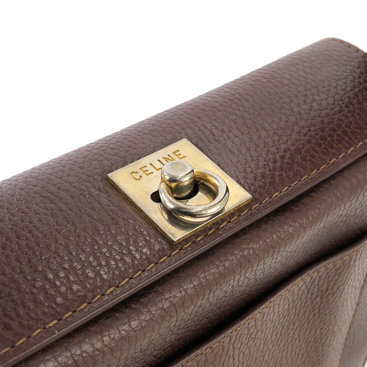 CELINE Gancini Logo Motif Square Leather Handbag Brown Vintage e8kt7d