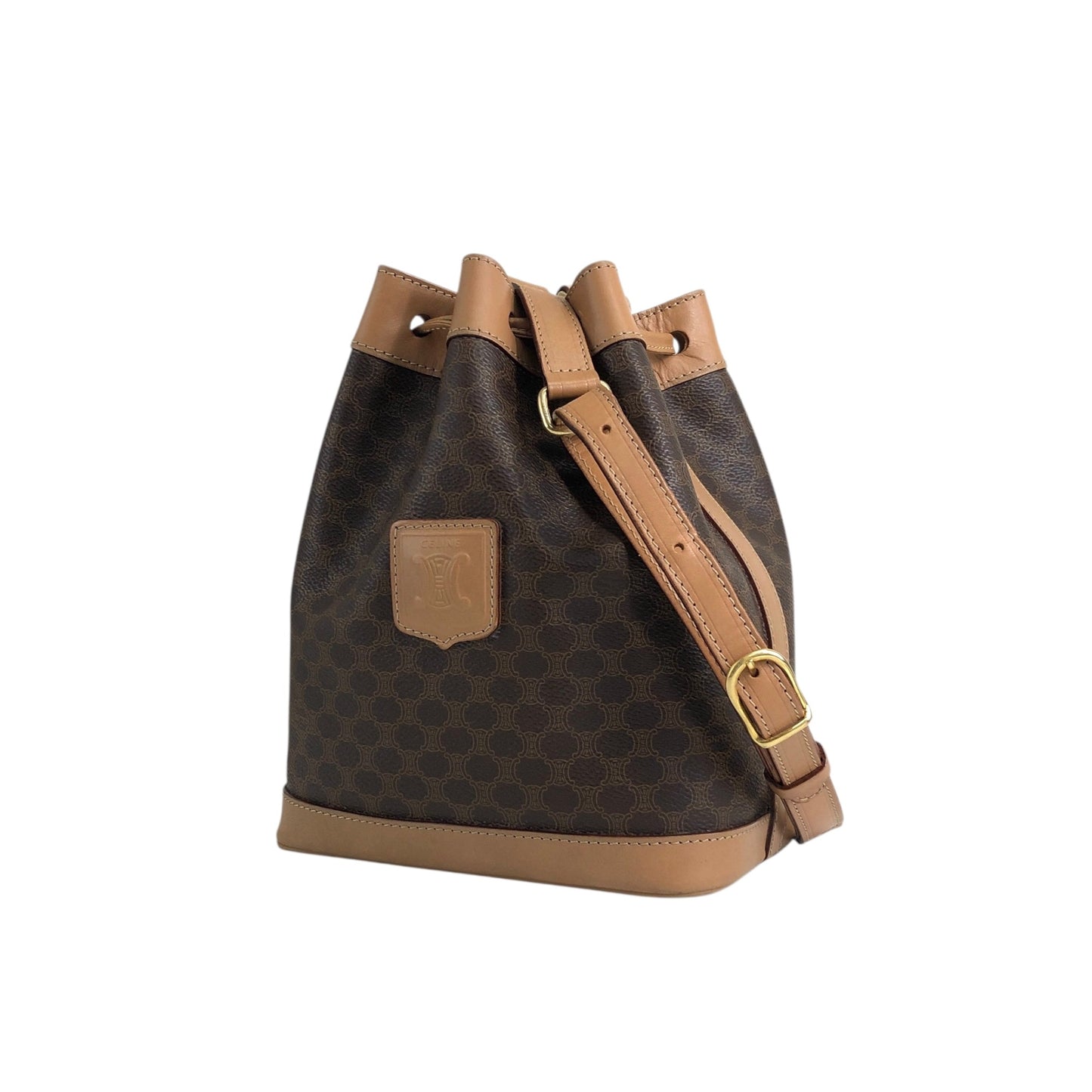 CELINE Macadam Blason Drawstring Shoulder bag Brown Vintage xfu8ij