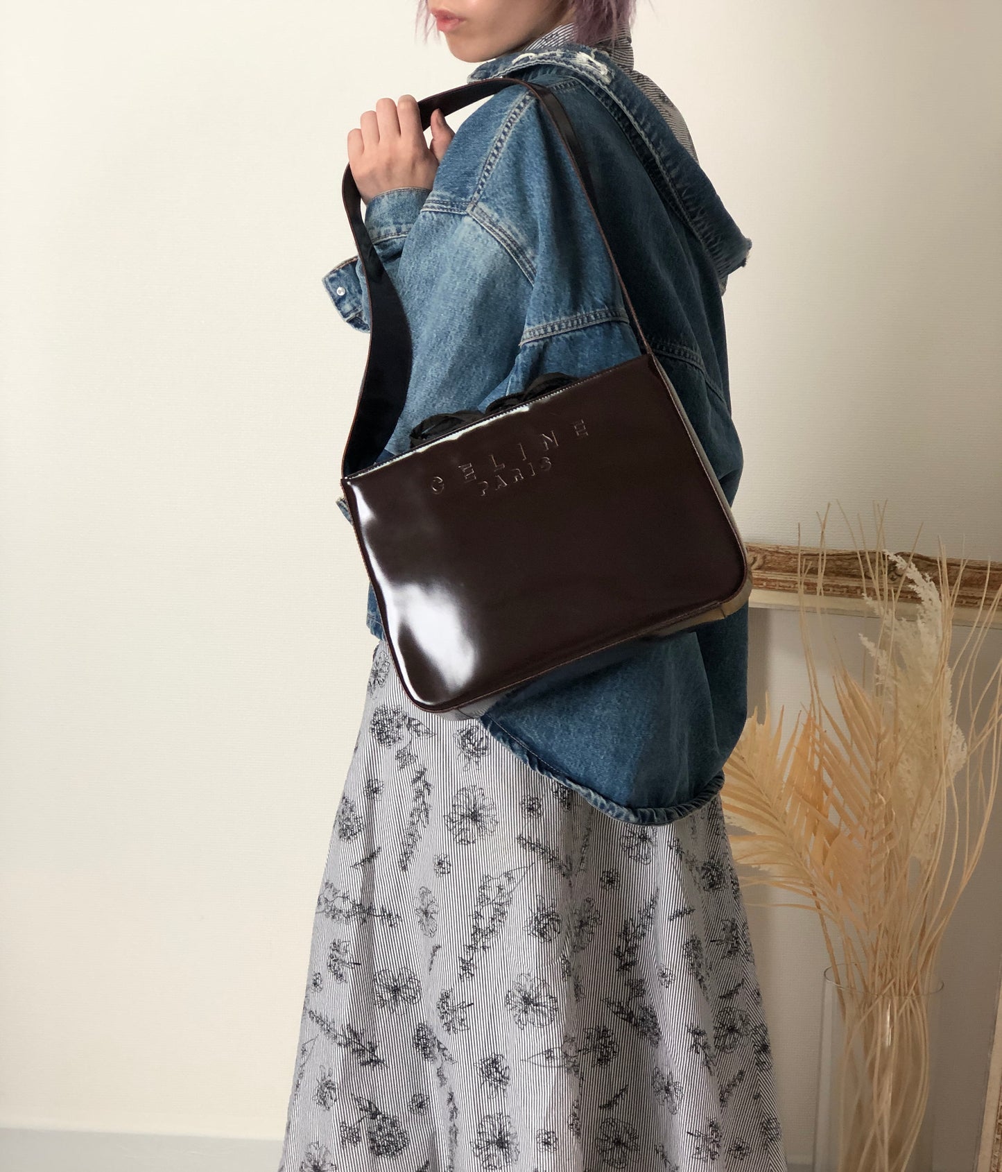 CELINE Logo Embossed Shoulder bag Brown Vintage e4mff8