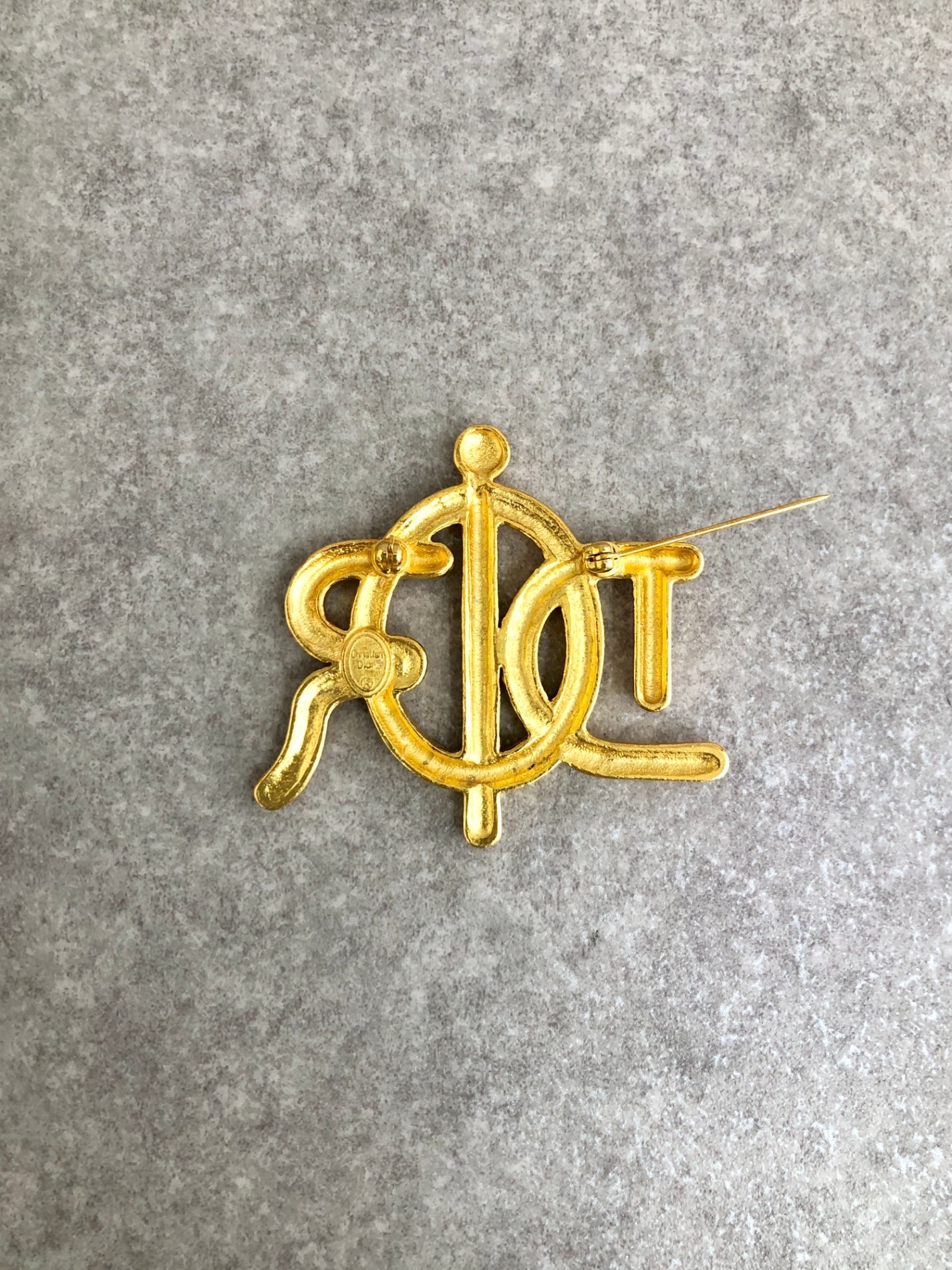 Christian Dior Logo Rhinestone Brooch Gold Vintage mwcad6