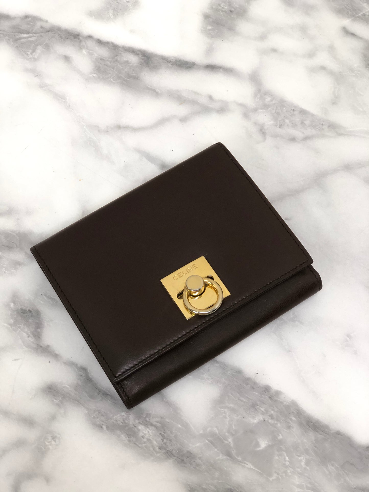 CELINE Gancini Trifold Wallet Brown Vintage 5ijktw