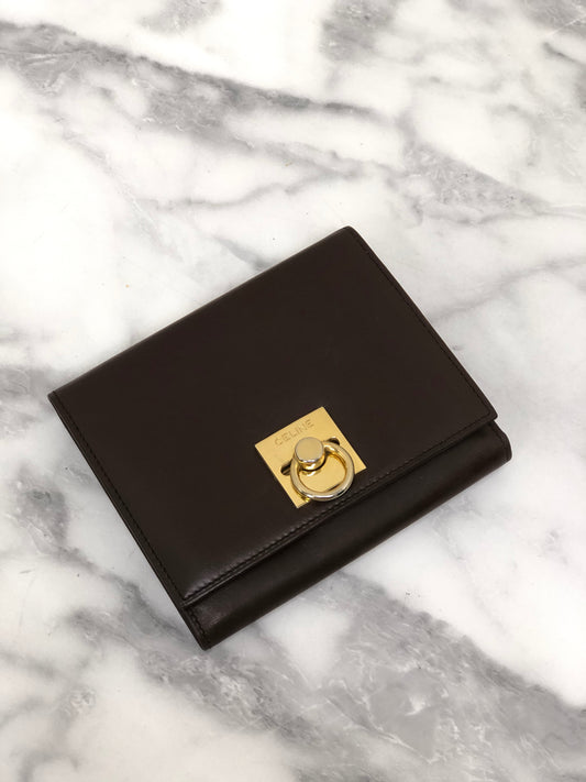 CELINE Gancini Trifold Wallet Brown Vintage 5ijktw