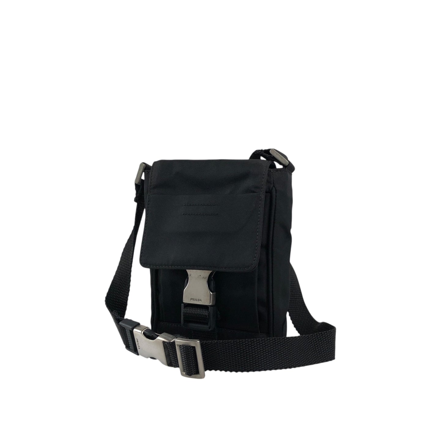 PRADA Tessuto Triangle Logo Front Buckle Small Shoulder bag Black Vintage efbuwg