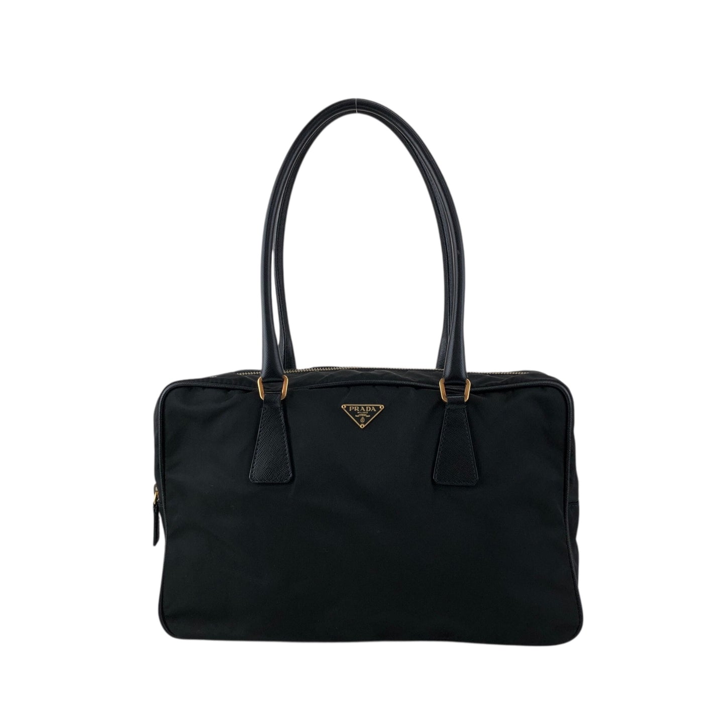 PRADA Tessuto Triangle Logo Small Boston bag Handbag Black Vintage jgrnxc