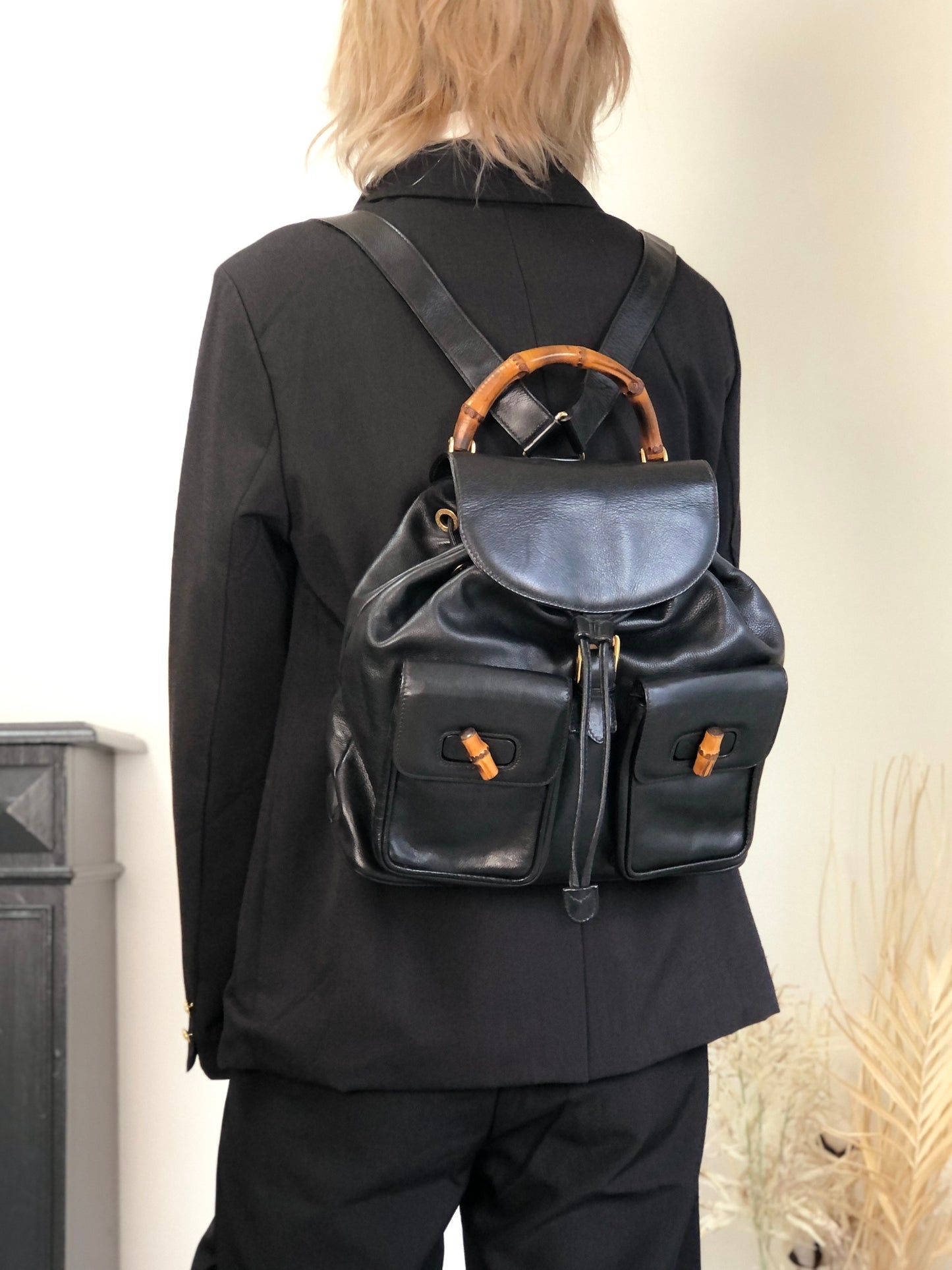 GUCCI Bamboo Double Pocket Backpack Black Vintage 5xx4xe