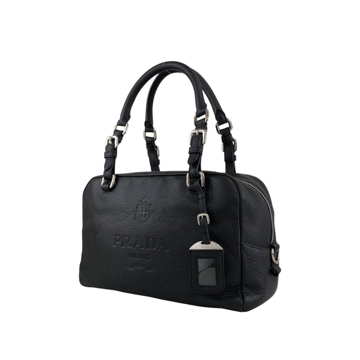 PRADA Logo Embossed Small Boston bag Handbag Black Vintage sdau3h