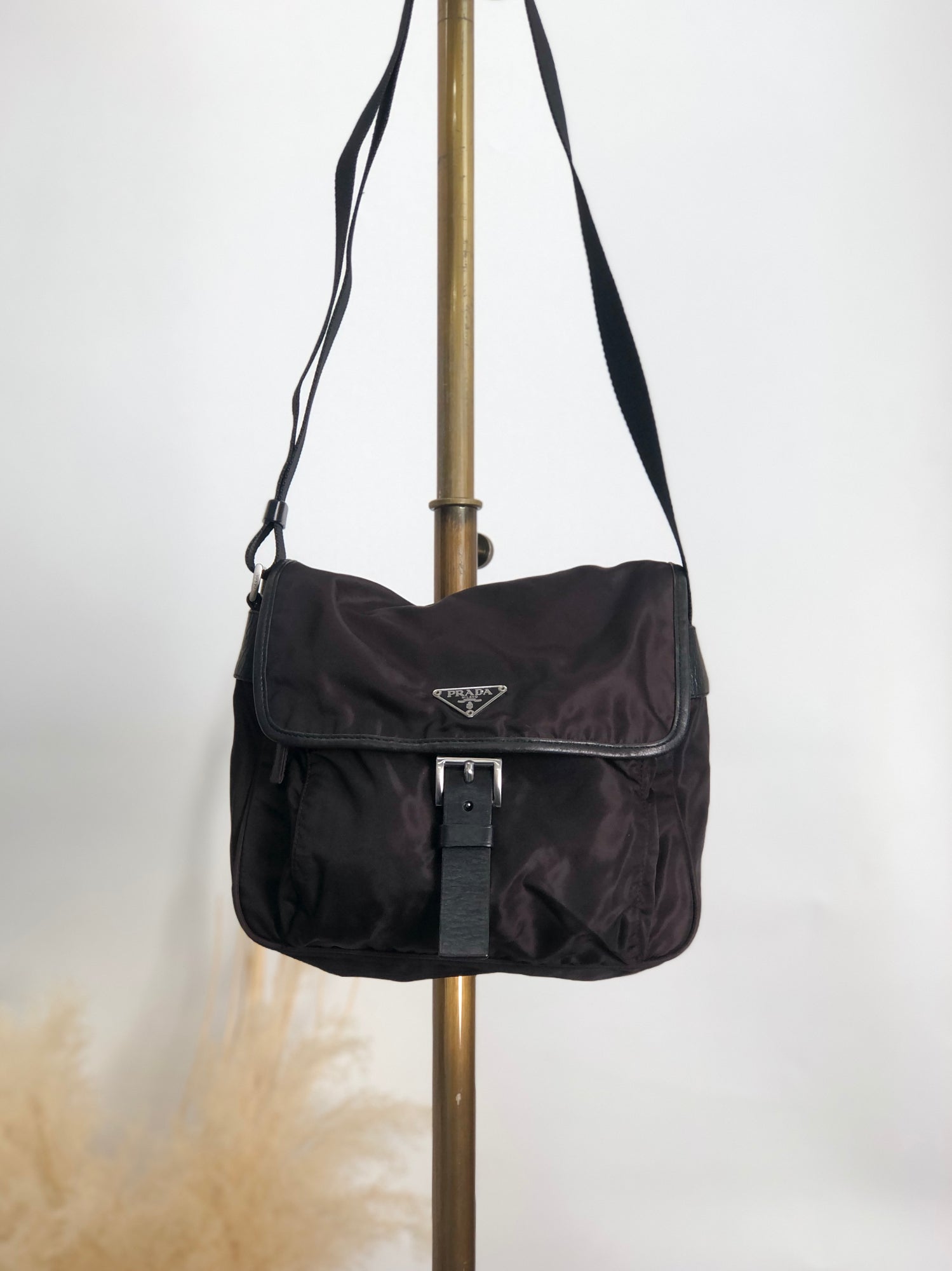 PRADA Triangle Logo Front Buckle Crossbody Shoulder bag Dark