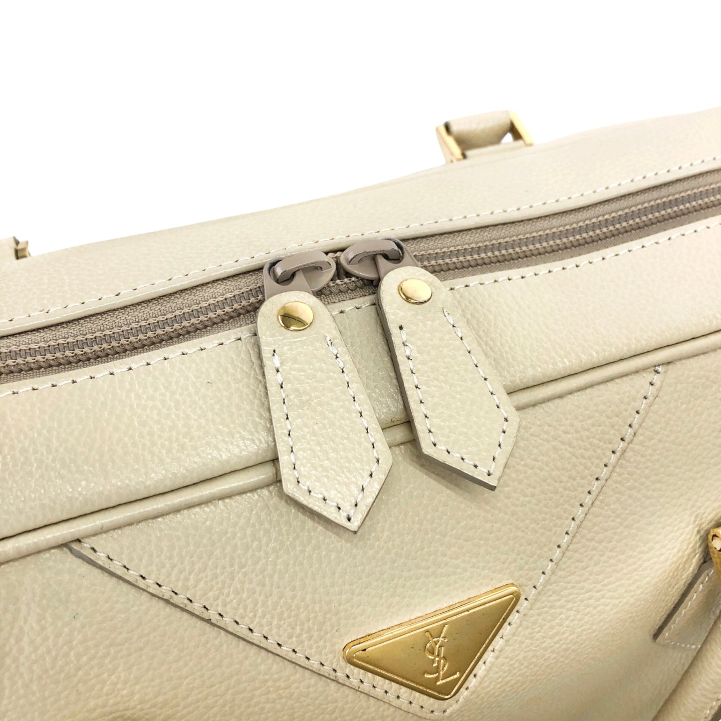 Yves Saint Laurent YSL Logo Boston bag Handbag Beige Vintage kc4cx5