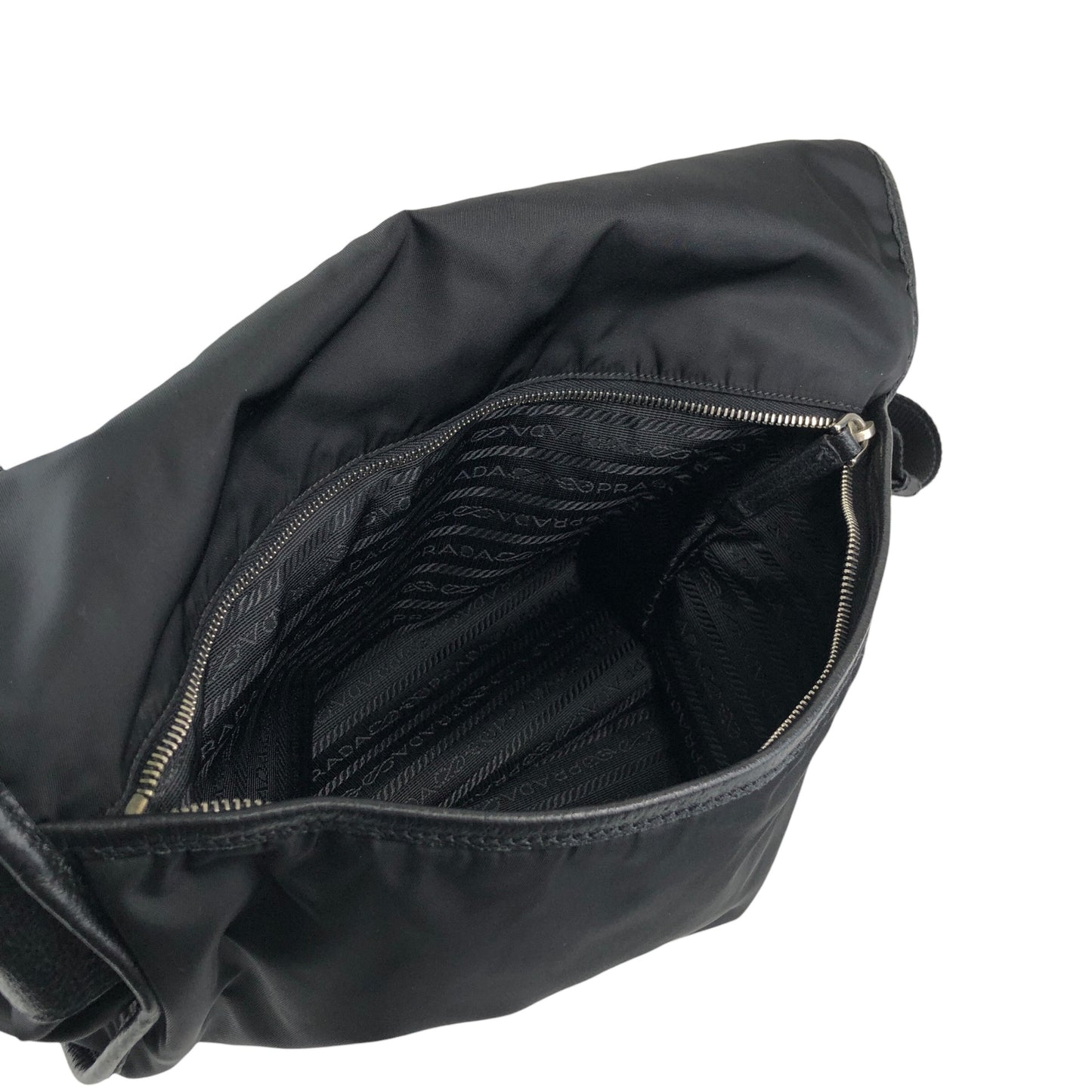 PRADA Tessuto Triangle Logo Front Buckle Shoulder bag Black Vintage 2arab2