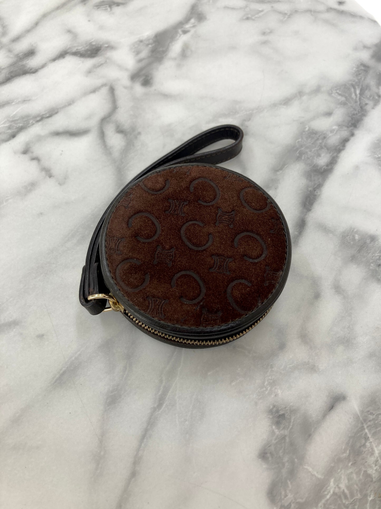 CELINE C-Macadam Blason Suede Leather Round Coin Purse Brown Vintage 6z2vft