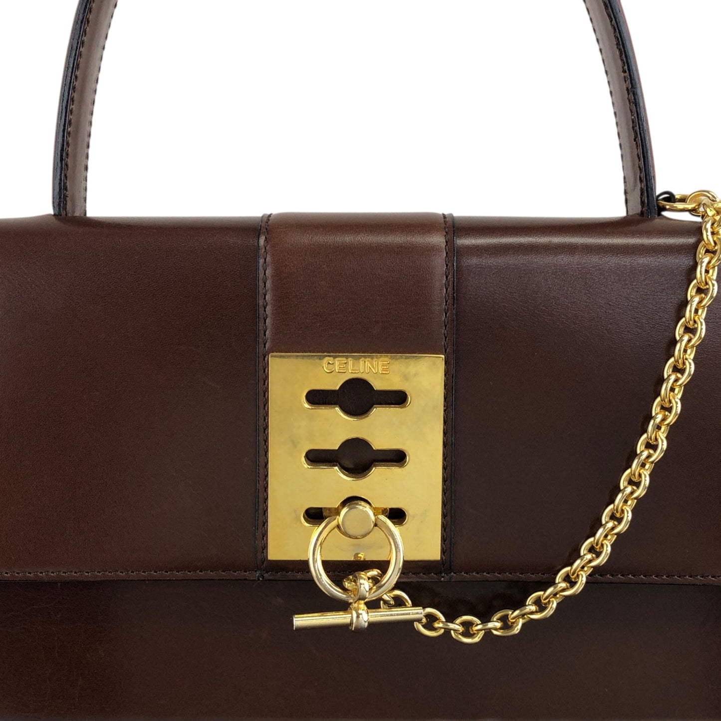 CELINE Gancini Chain Handbag Brown Vintage 7ffusp