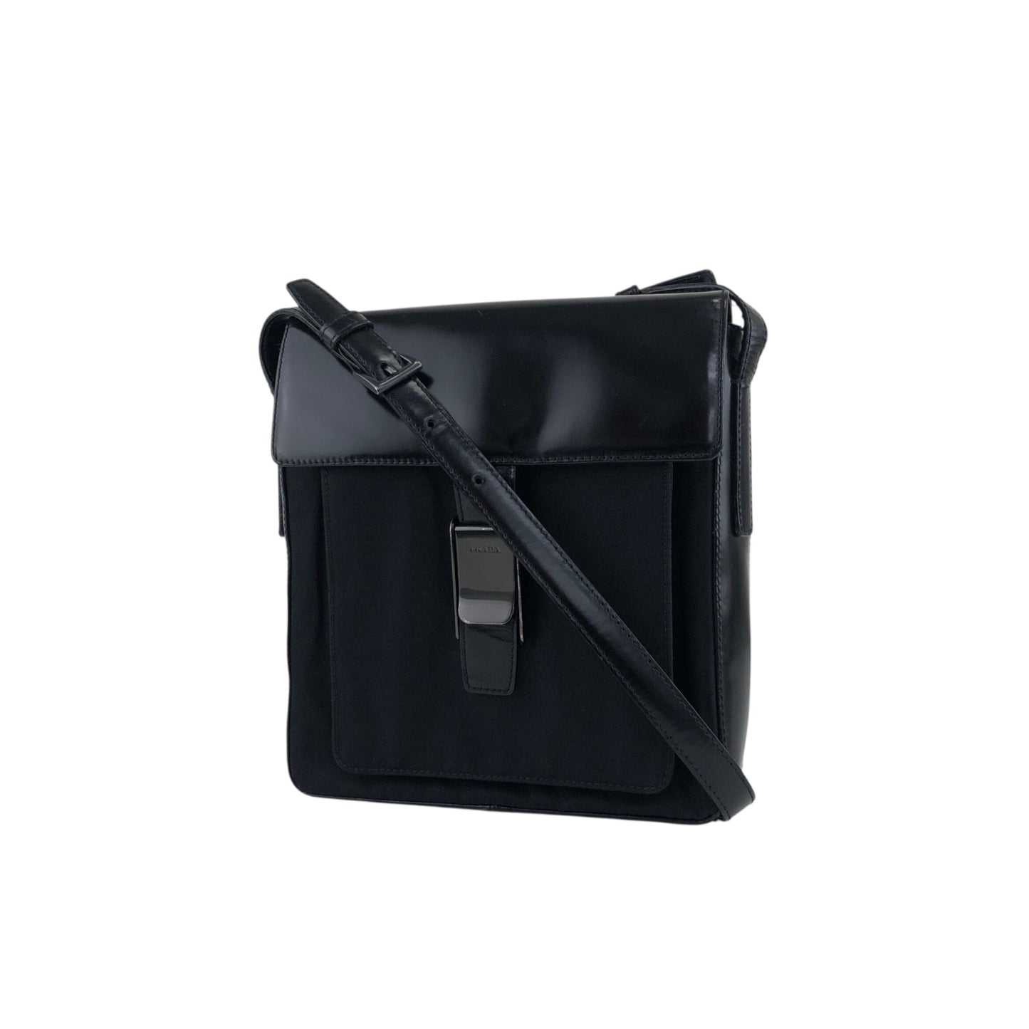PRADA Logo Front Buckle Shoulder bag Black Vintage fyhckn
