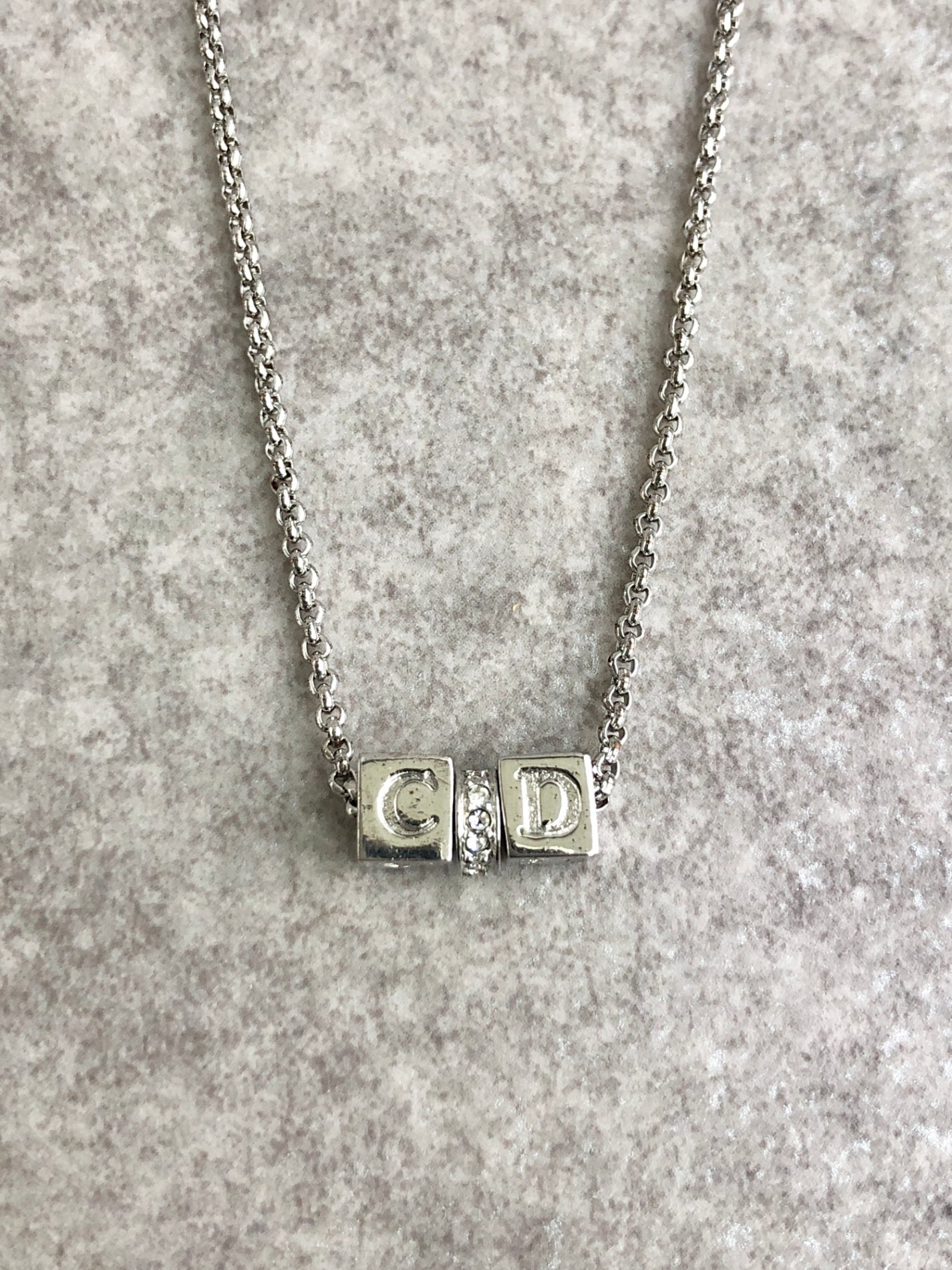 Christian Dior CD Logo Rhinestone Necklace Silver Vintage c62g5i