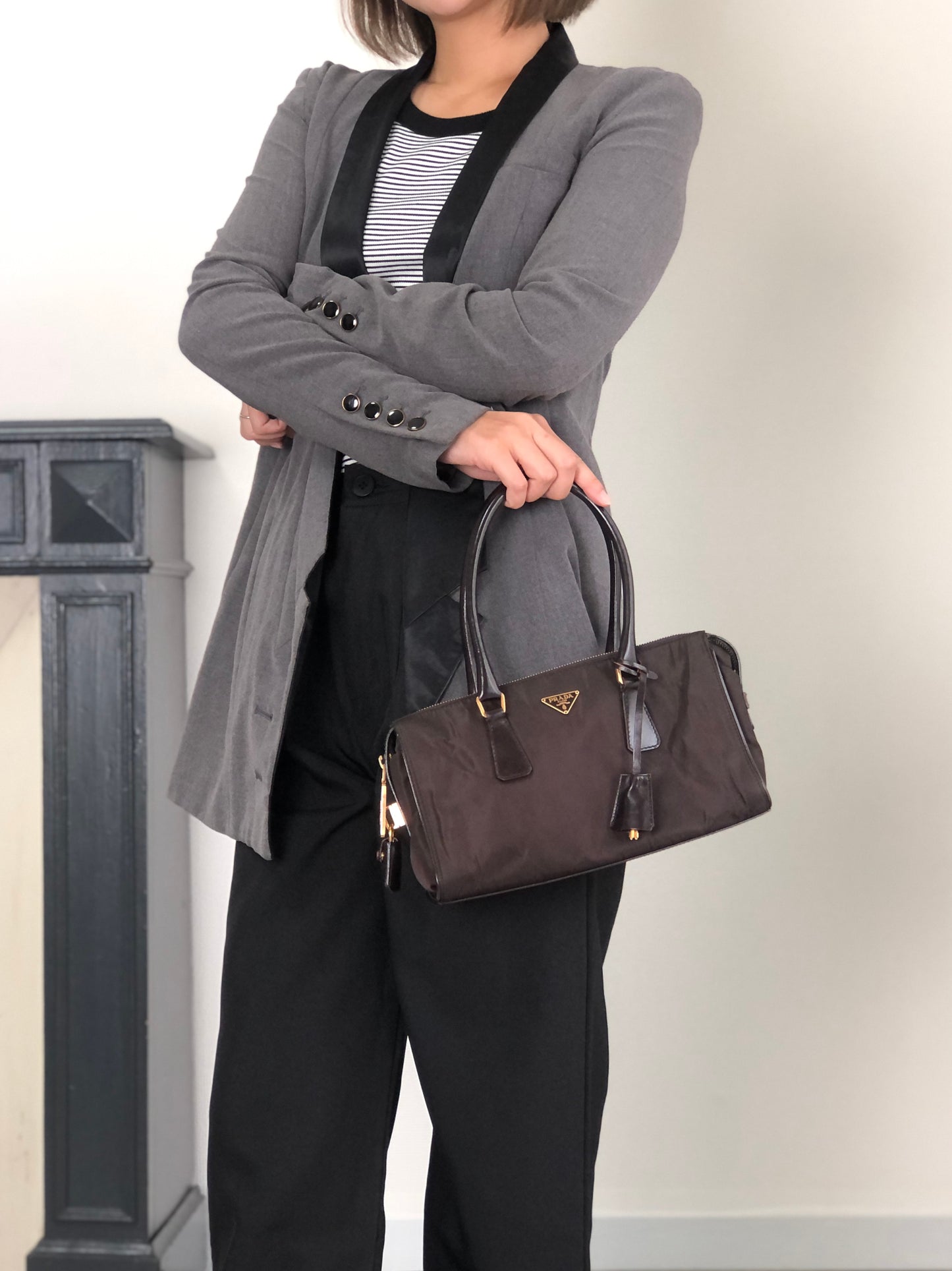 PRADA Tessuto Triangle Logo Small Boston bag Handbag Brown Vintage jaa3i4