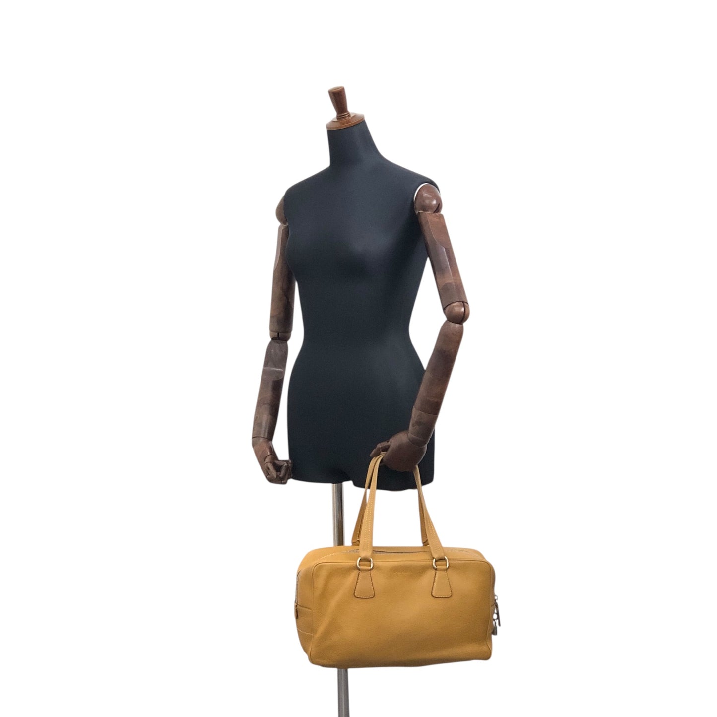 PRADALogo Embossed Small Boston bag Handbag Camel Vintage witjyy