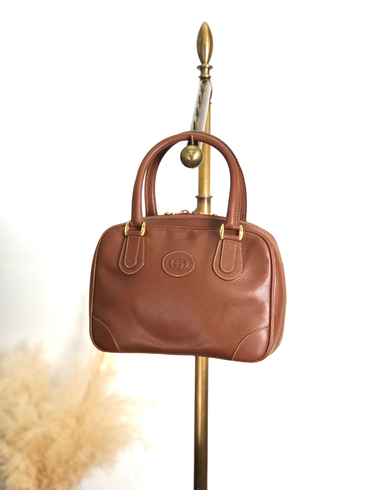 GUCCI Logo Embossed Handbag Boston bag Brown Vintage 7vibey
