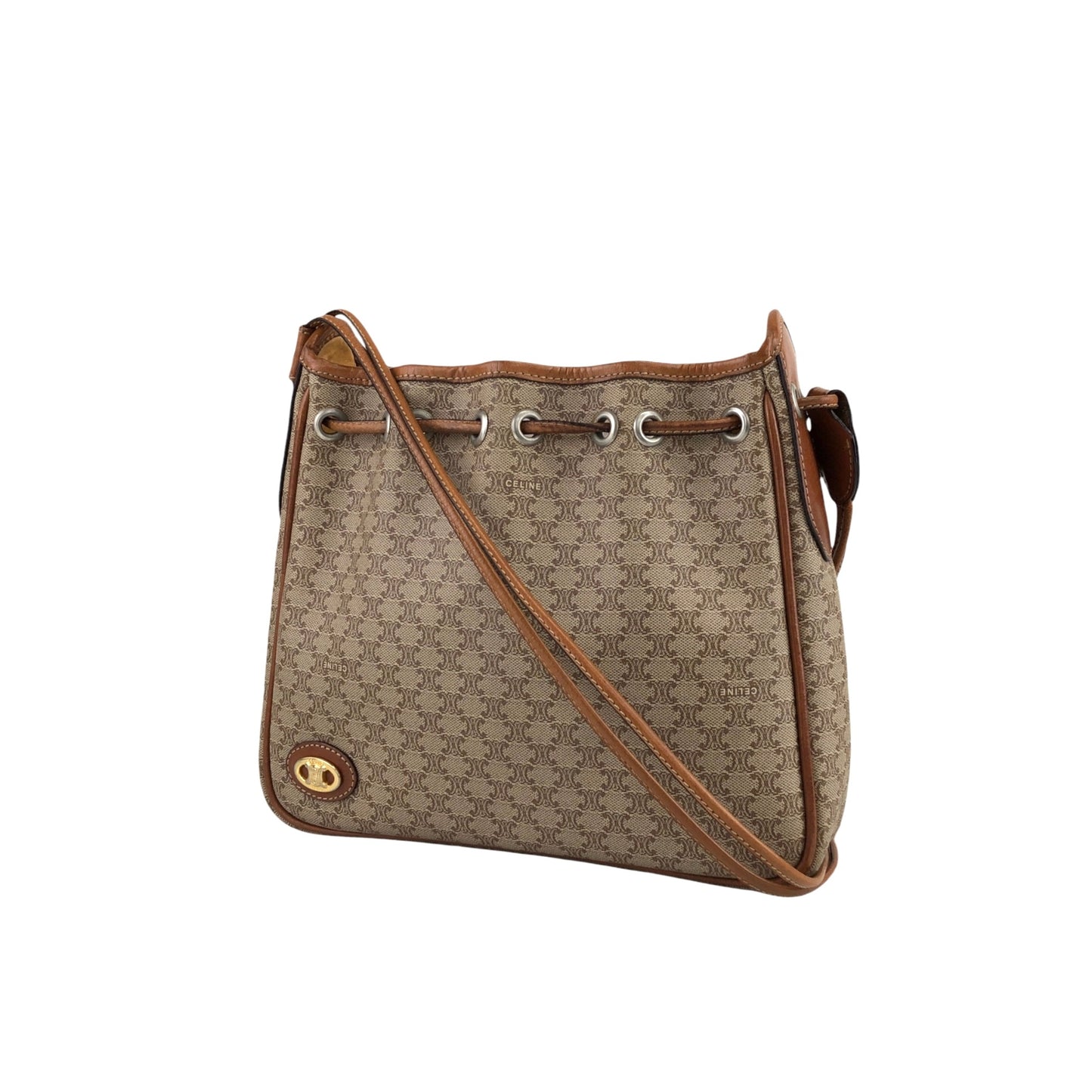 CELINE Macadam Blason Drawstring Shoulder bag Beige Vintage 3fus72