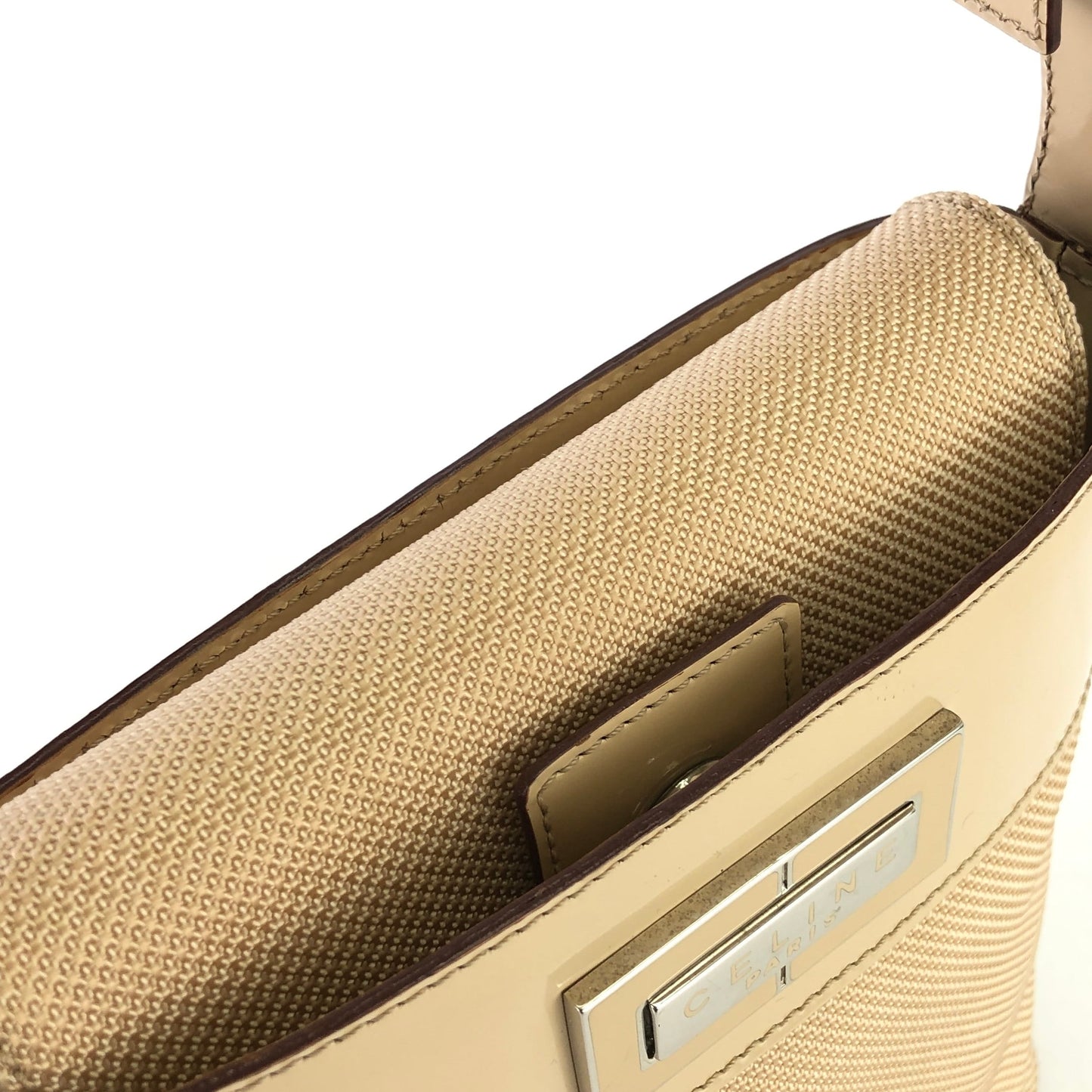 CELINE Plate Logo Nylon Enamel Mini Bag Pochette Shoulder Bag Beige Vintage Old Celine 27b7s8