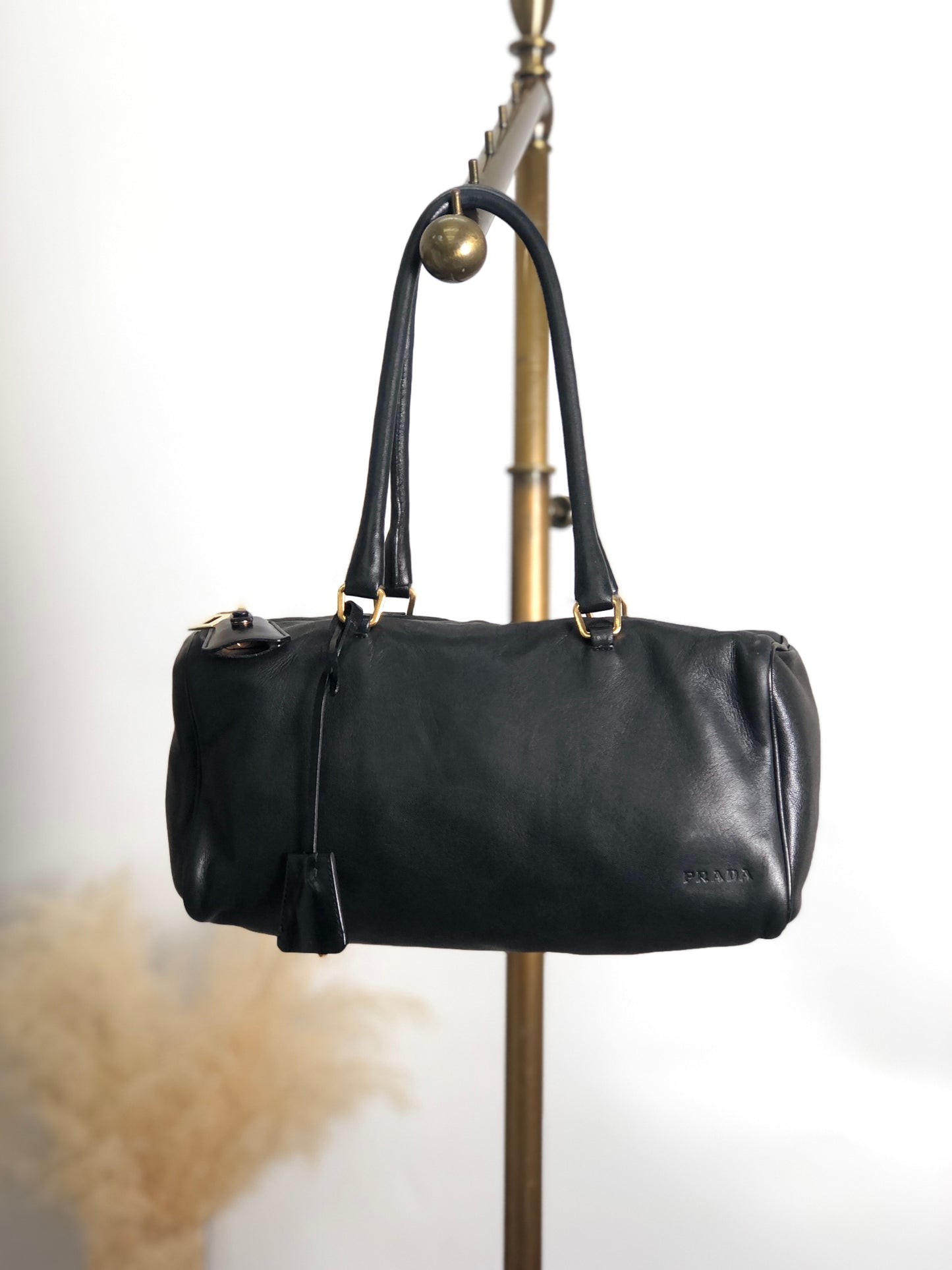 PRADA Logo Embossed Handbag Black Vintage fu6tga
