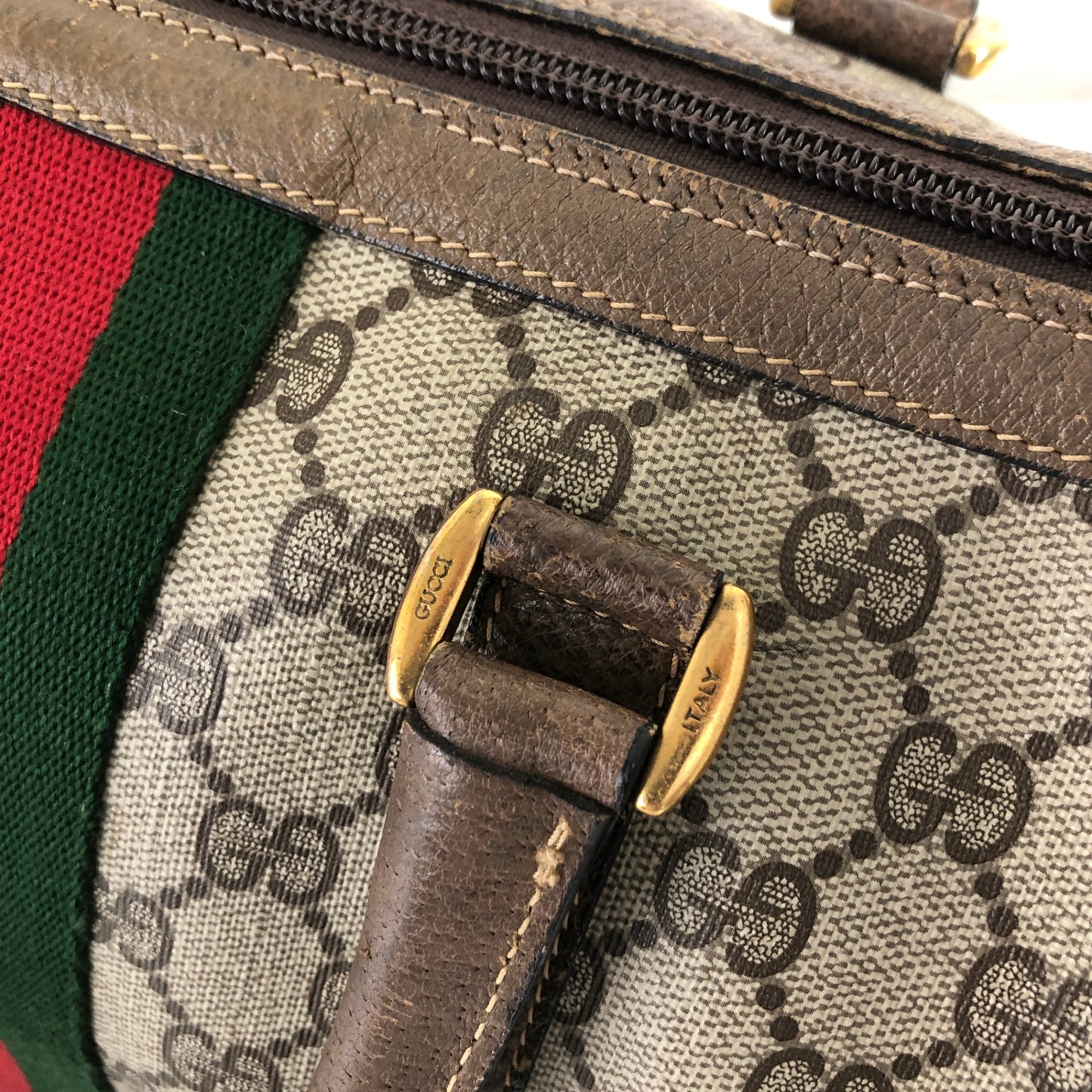 GUCCI GG 圖案雪莉線波士頓包手提包棕色復古 7mmabp