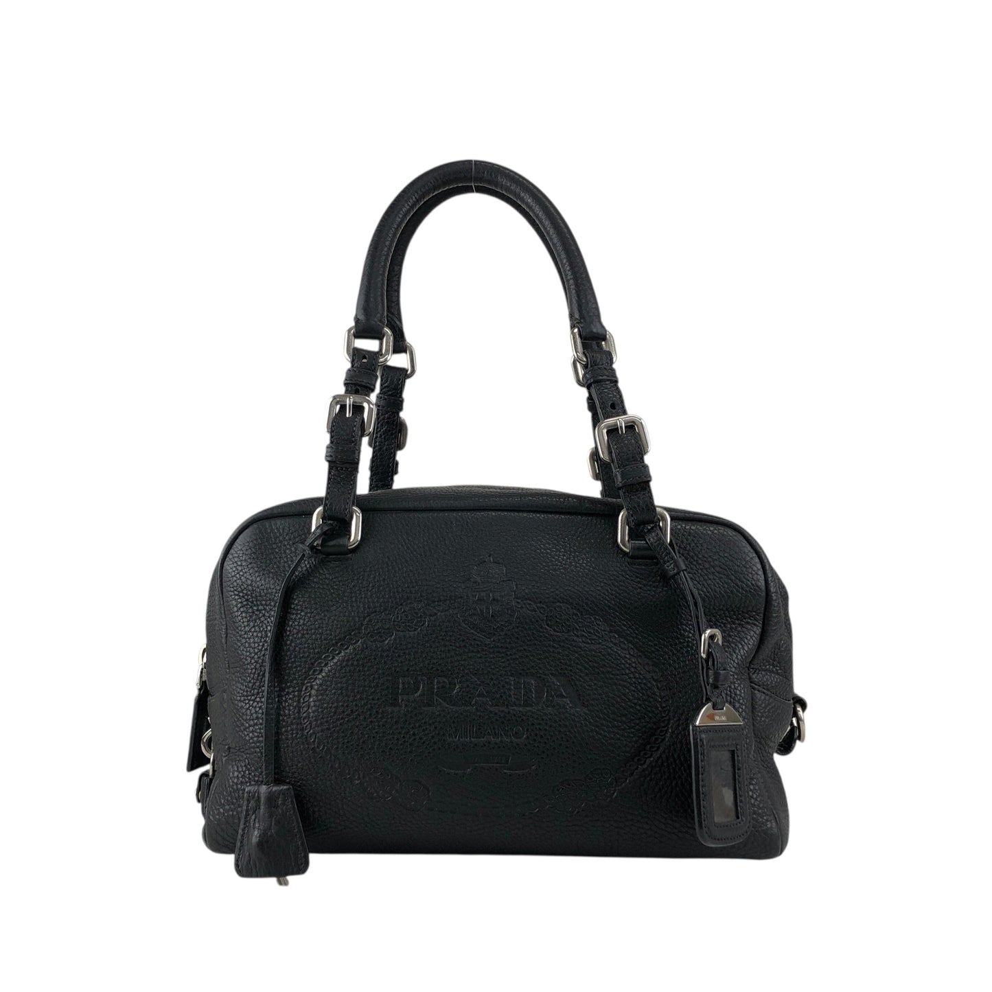 PRADA Logo Embossed Small Boston bag Handbag Black Vintage maefbu
