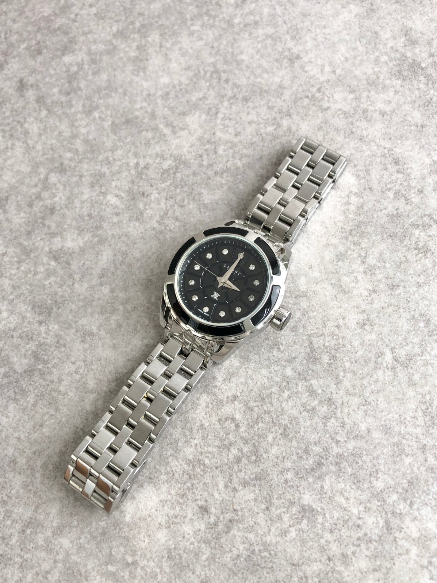 CELINE Blason Quartz Watch Silver×Black Vintage kdm68r