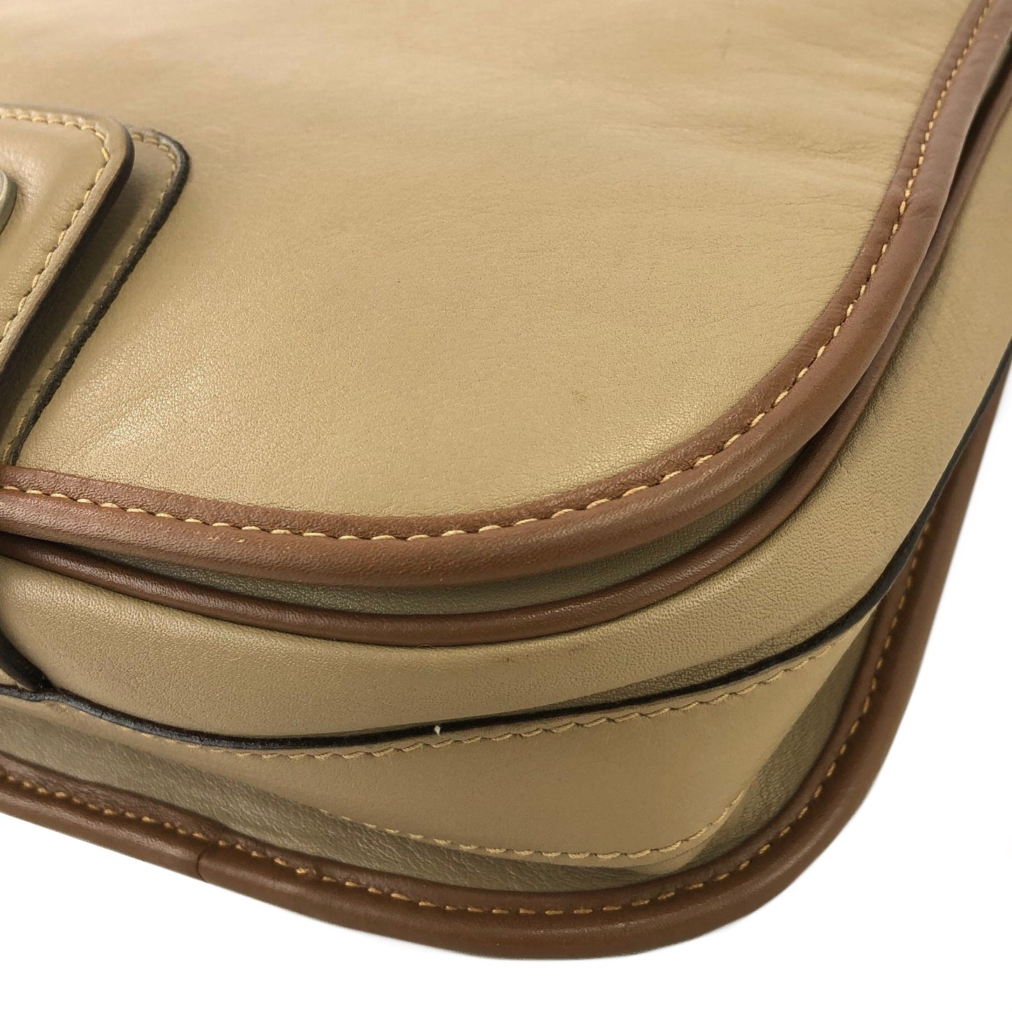 CELINE Triomphe Brown Piping Flap Leather Crossbody Shoulder bag Beige Vintage i8vt8s