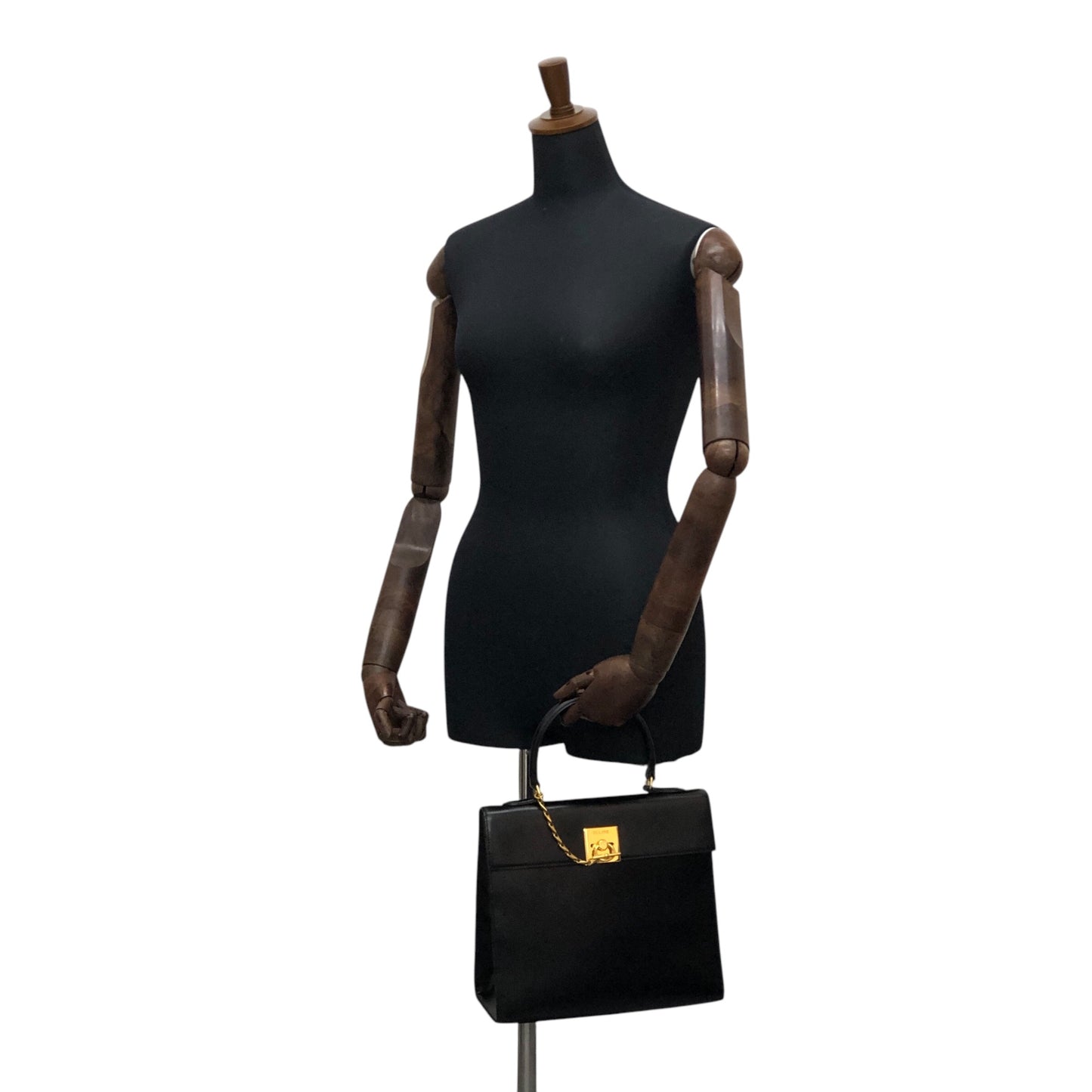 CELINE Gancini Top Handle Handbag Black Vintage a8utvp