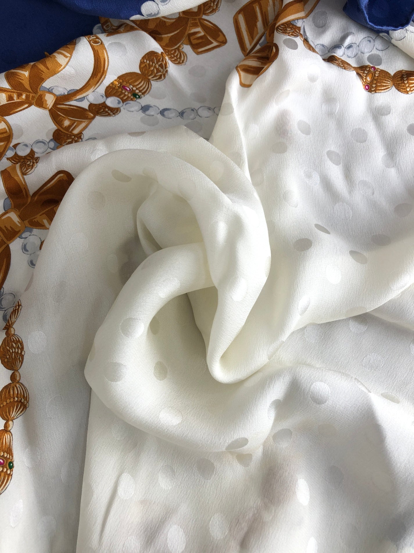 Christian Dior Ribbon Motif Scarf White×Blue Silk Vintage 4m2iap