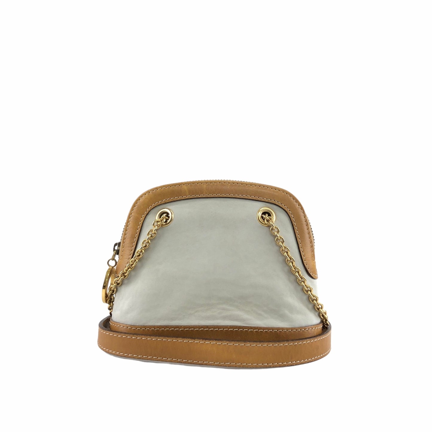 CELINE Circle Logo Charm Metal Clasp Chain Shoulder bag Beige Vintage 2aechi