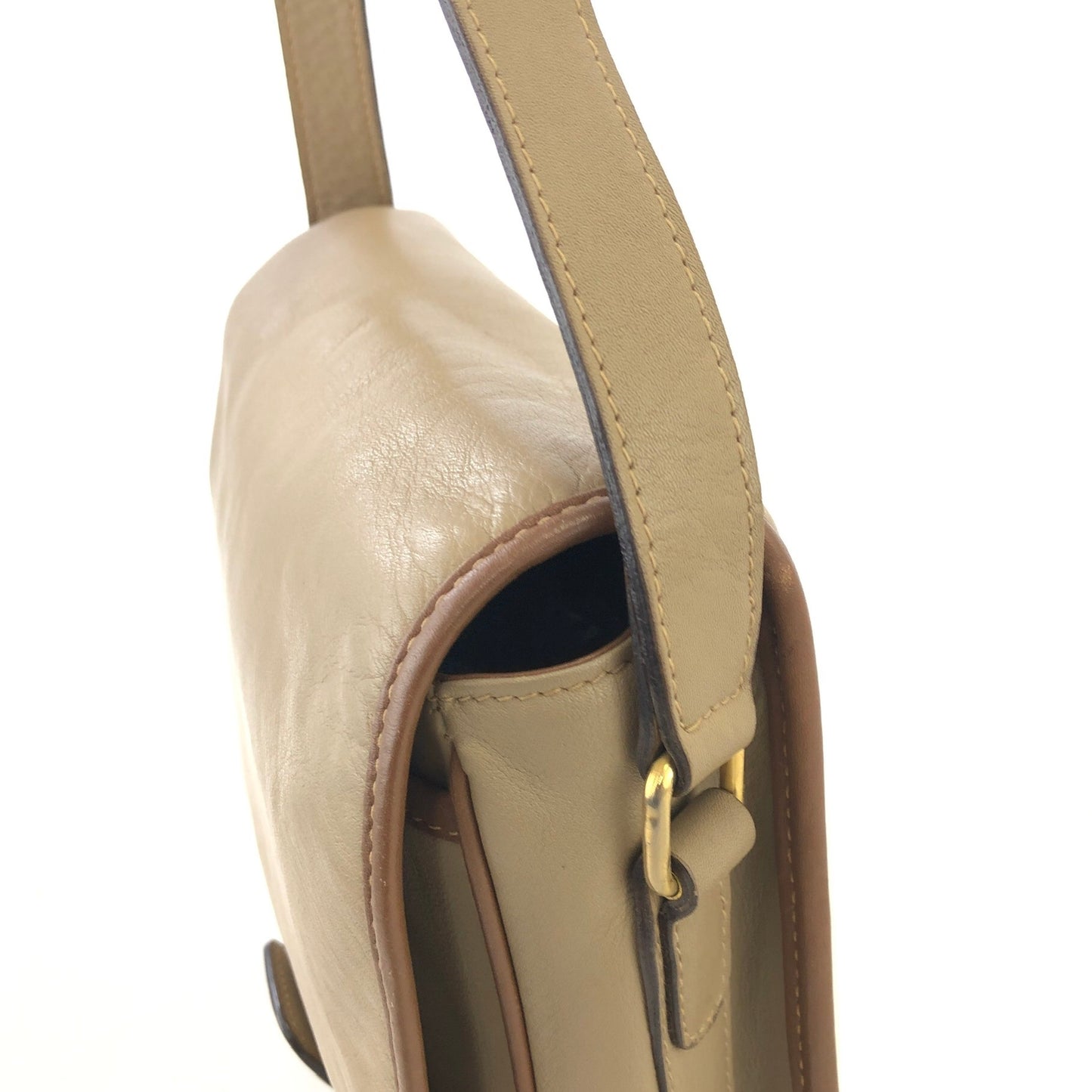 CELINE Triomphe Brown Piping Flap Leather Crossbody Shoulder bag Beige Vintage i8vt8s