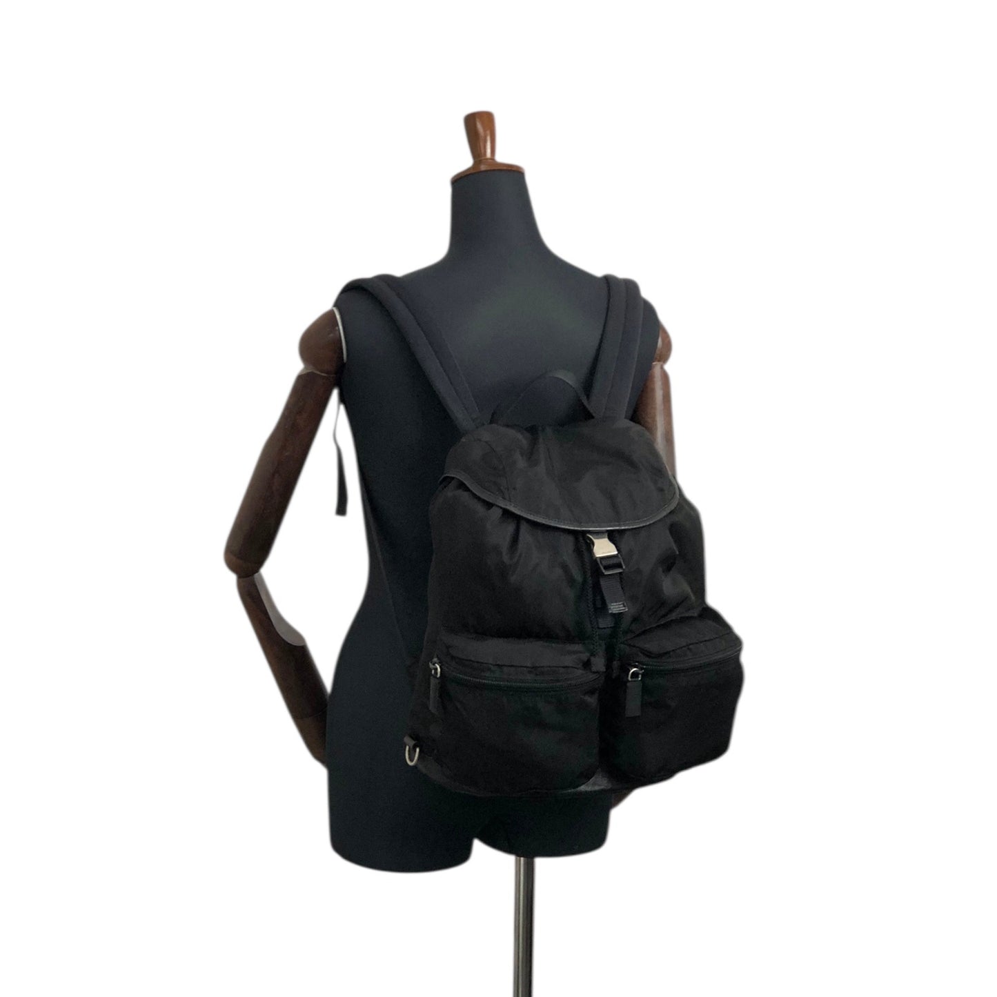 PRADA Tessuto Triangle Logo Front Buckle Backpack Black Vintage pyct8y