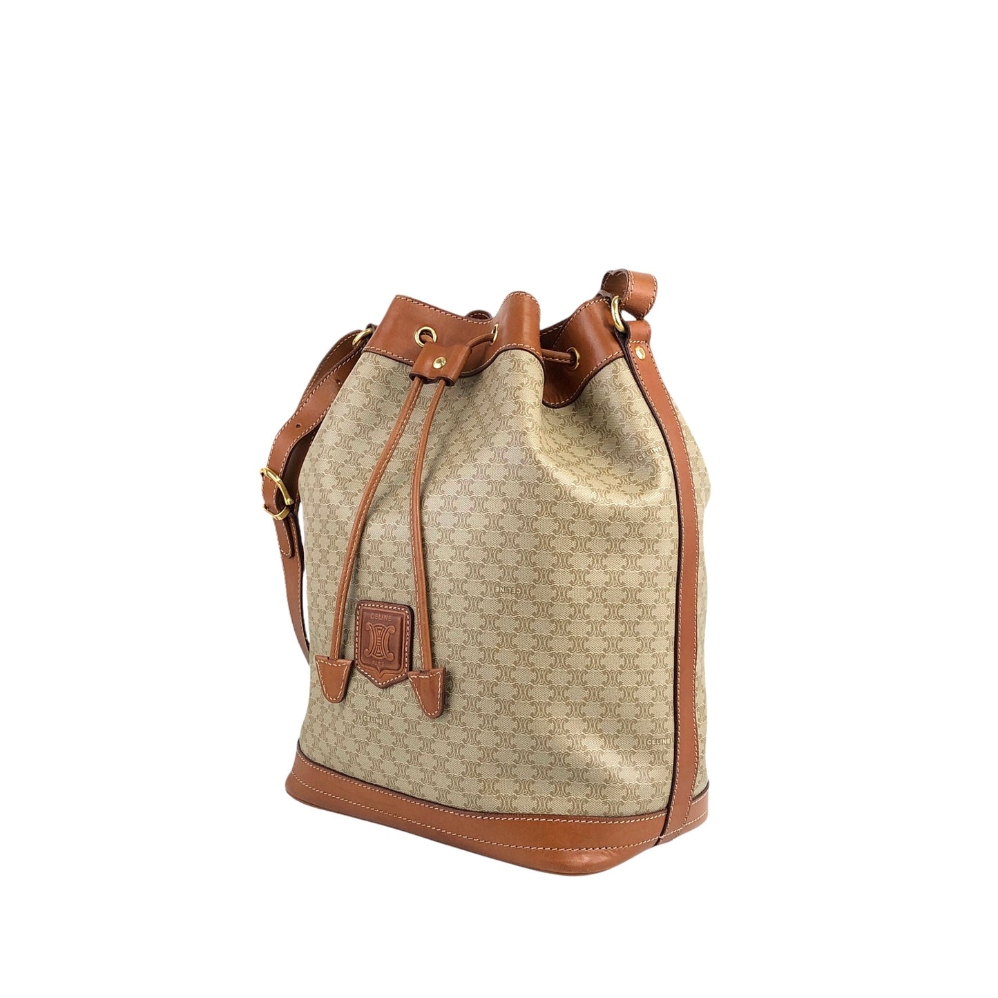 CELINE Macadam Blason Drawstring Shoulder bag Beige Vintage p4favs