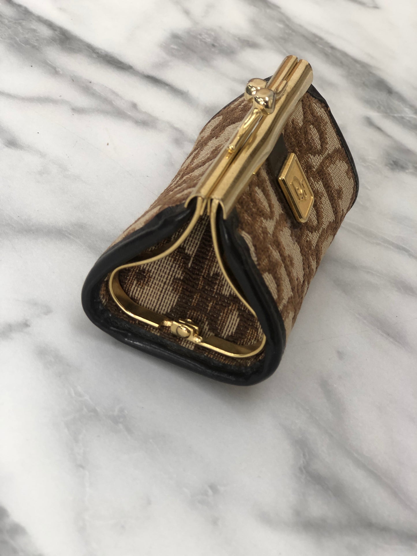 Christian Dior Trotter 提花皮革金屬扣零錢包棕色復古 mcrrev