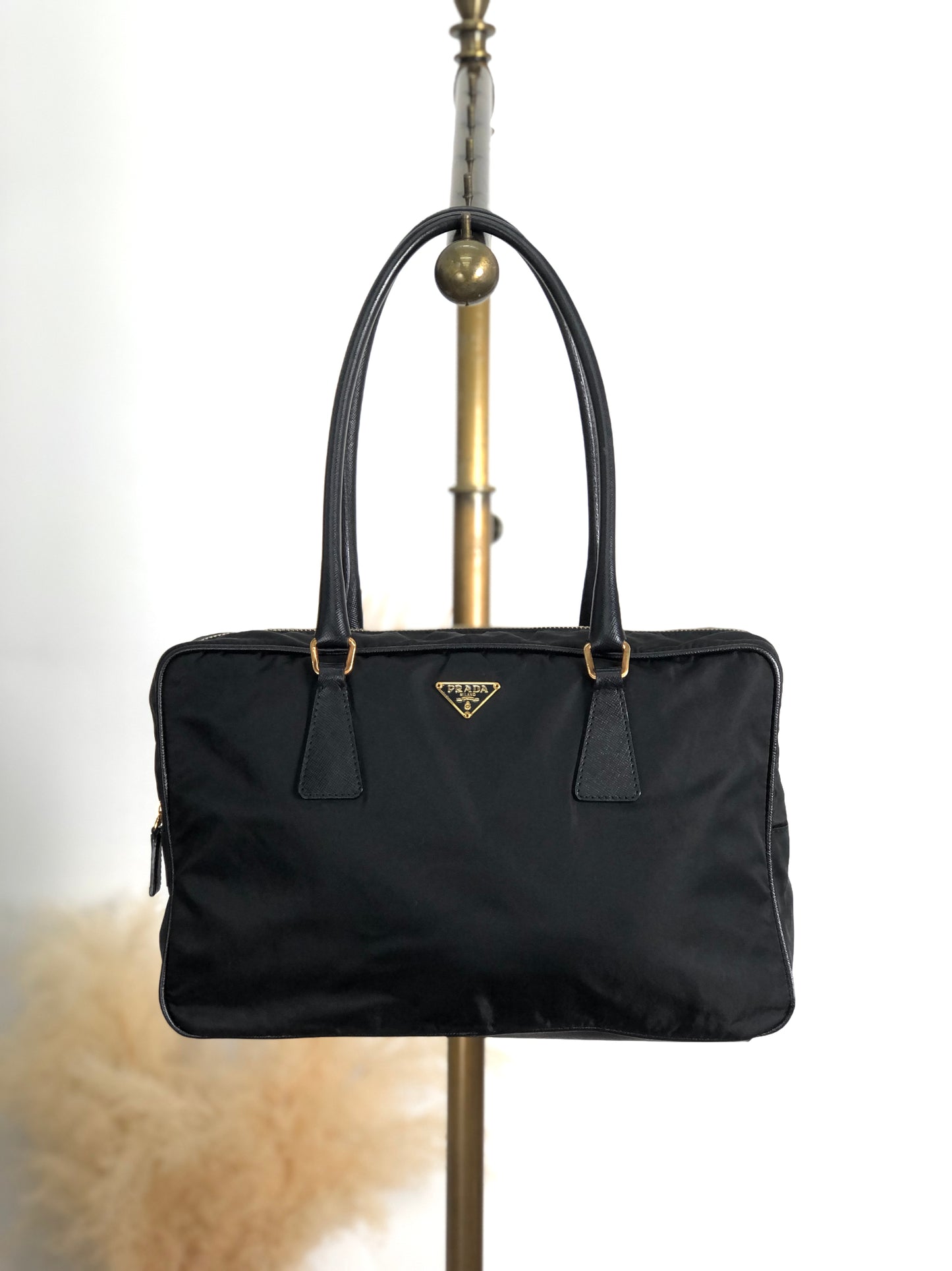PRADA Tessuto Triangle Logo Small Boston bag Handbag Black Vintage jgrnxc