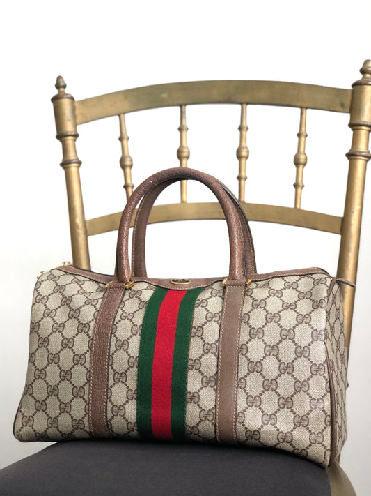 GUCCI GG 圖案雪莉線波士頓包手提包棕色復古 7mmabp
