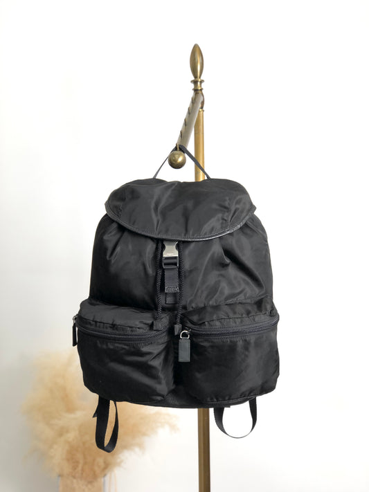 PRADA Tessuto Triangle Logo Front Buckle Backpack Black Vintage pyct8y
