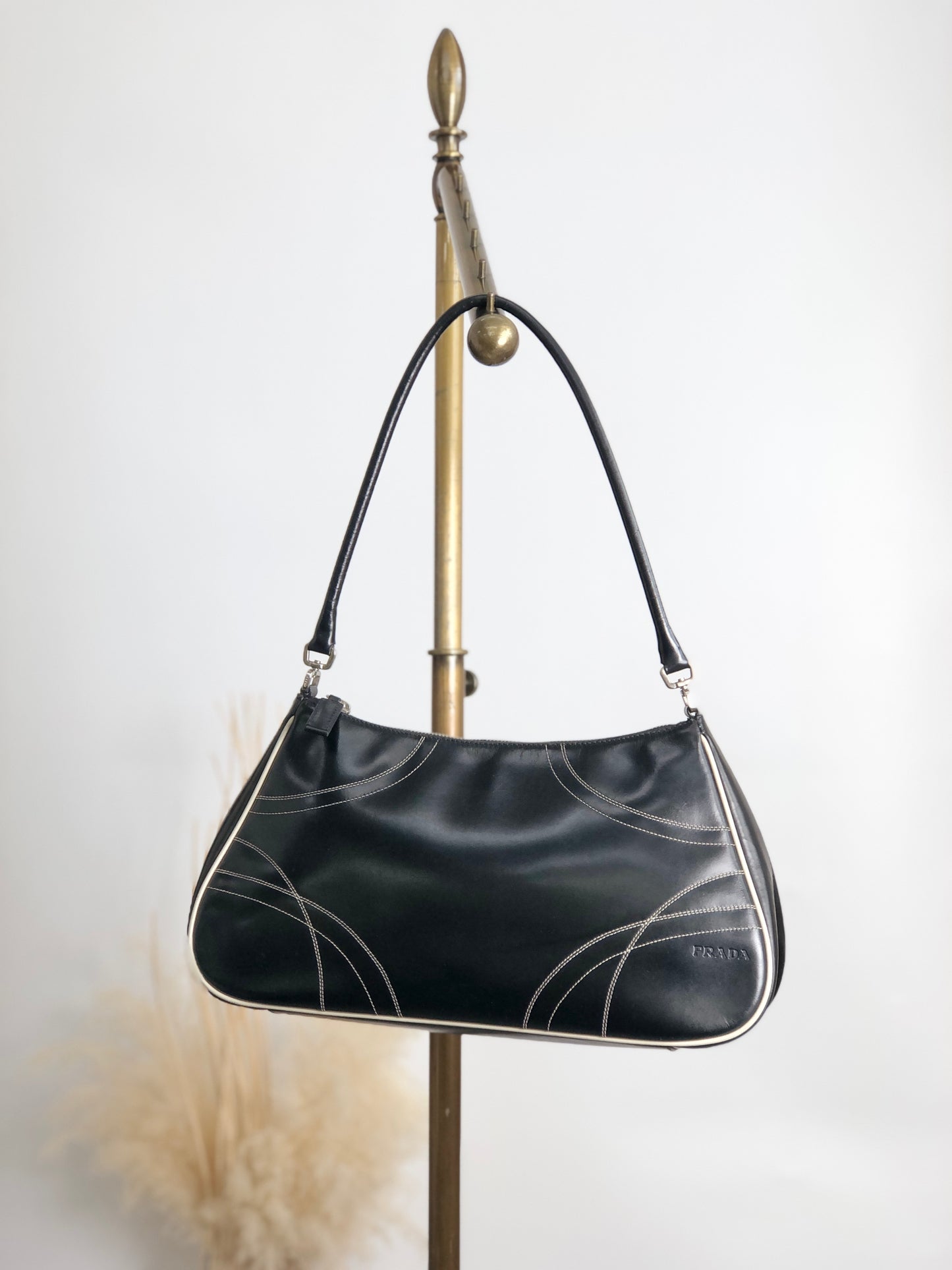 PRADA Stitch Shoulder bag Hobobag Black Vintage tfesrt